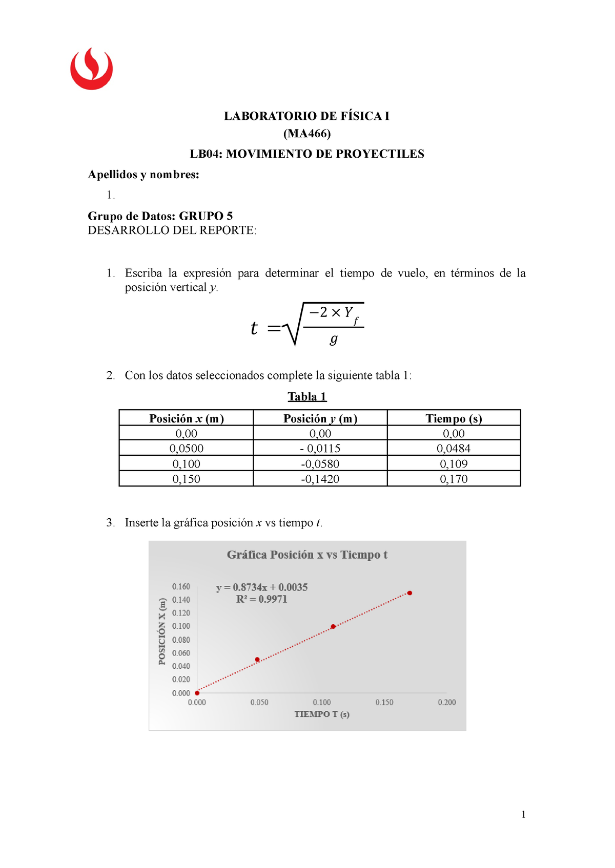 Reporte Del Laboratorio Lb04 Mov Proyectil De Física I Laboratorio De