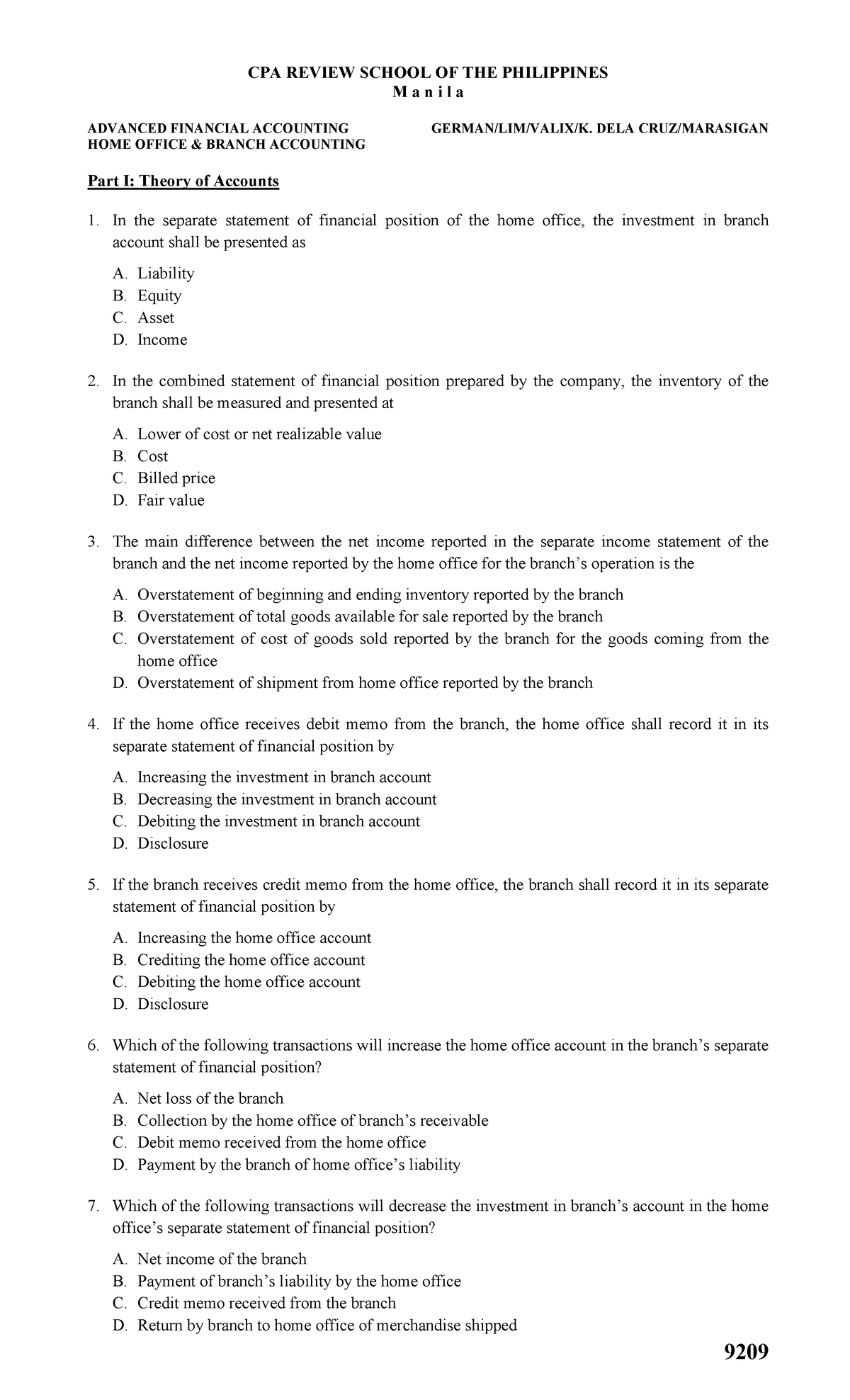 9209 - Home Office and Branch Accounting - CPA REVIEW SCHOOL OF THE ...