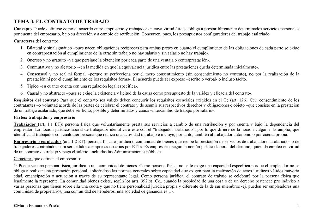 Esquema Tema 3 Tema Completo Tema 3 El Contrato De Trabajo Concepto Puede Definirse Como 2224