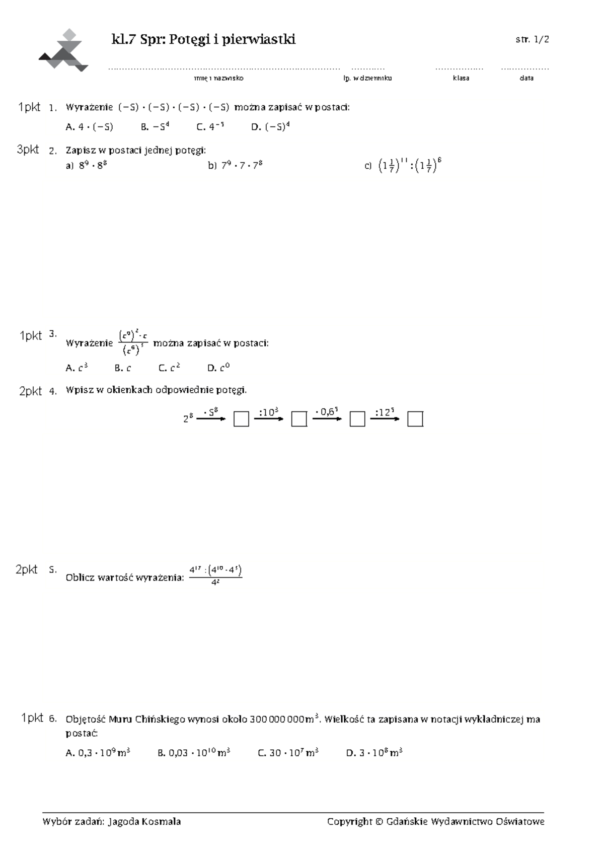 Potegi I Pierwiastki Sprawdzian Technikum Kl 1
