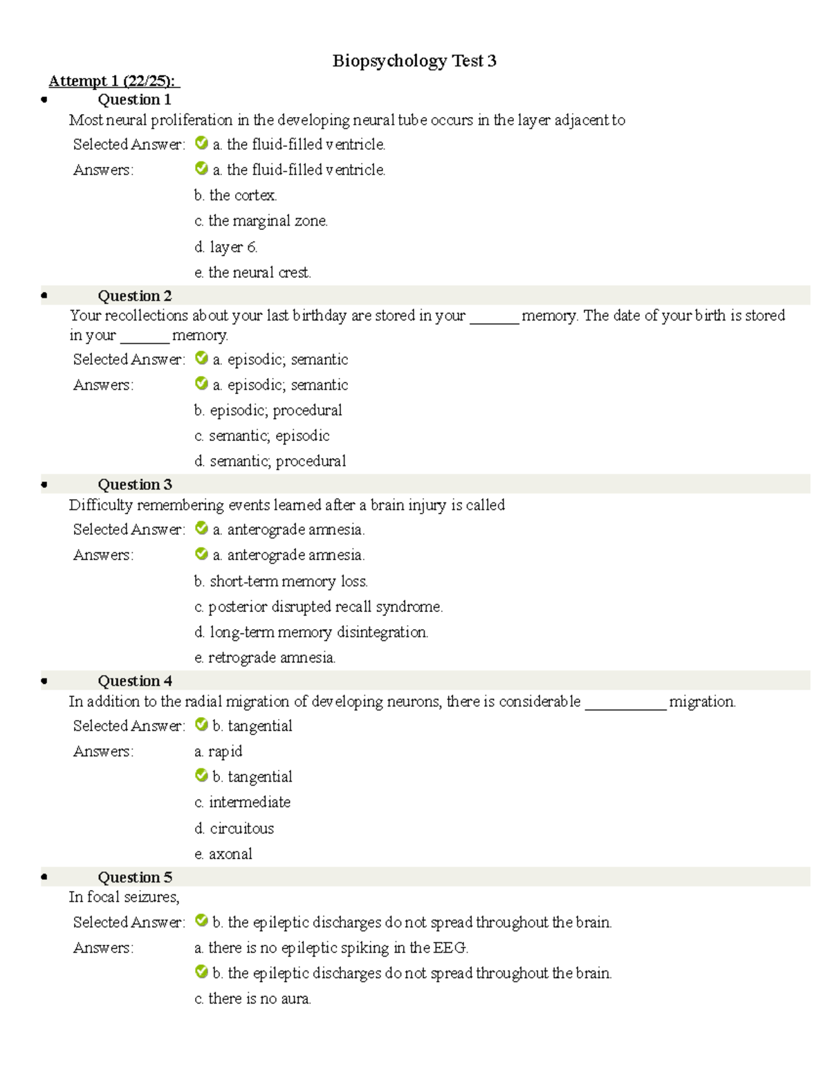 Biopsychology Test 3 Results - Biopsychology Test 3 Attempt 1 (22/25 ...