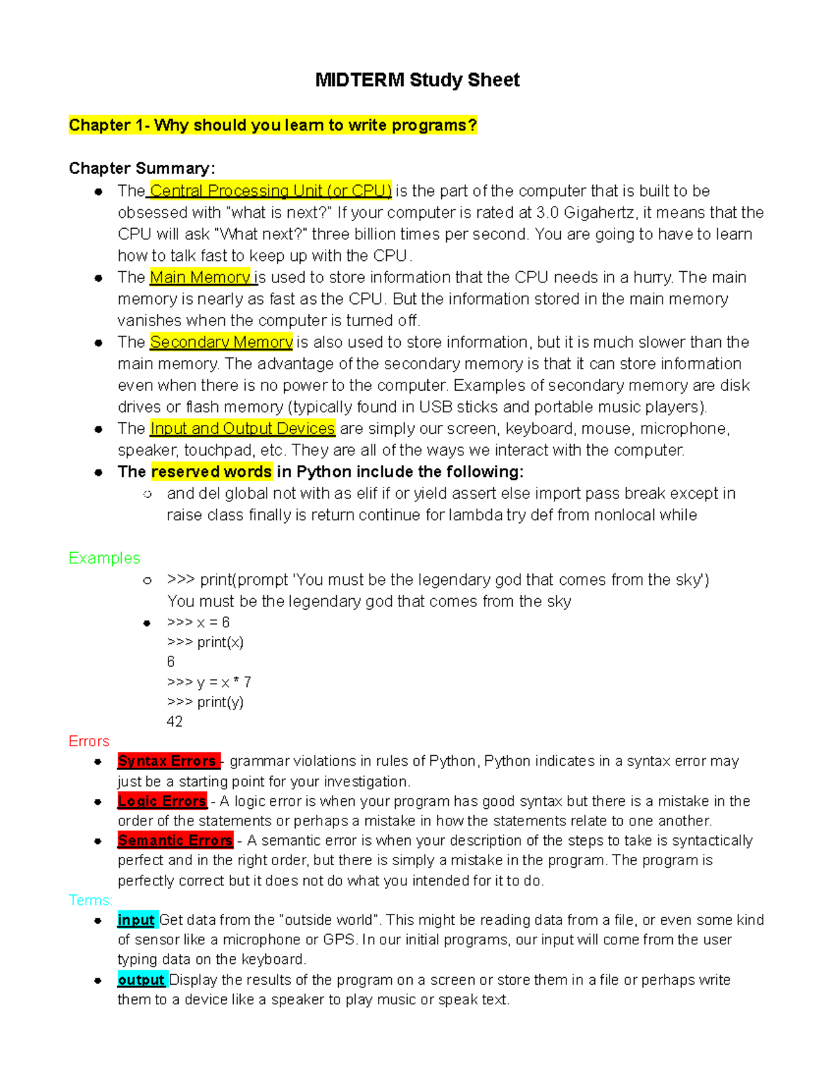 Python - Study Sheet for Midterm - MIDTERM Study Sheet Chapter 1- Why ...