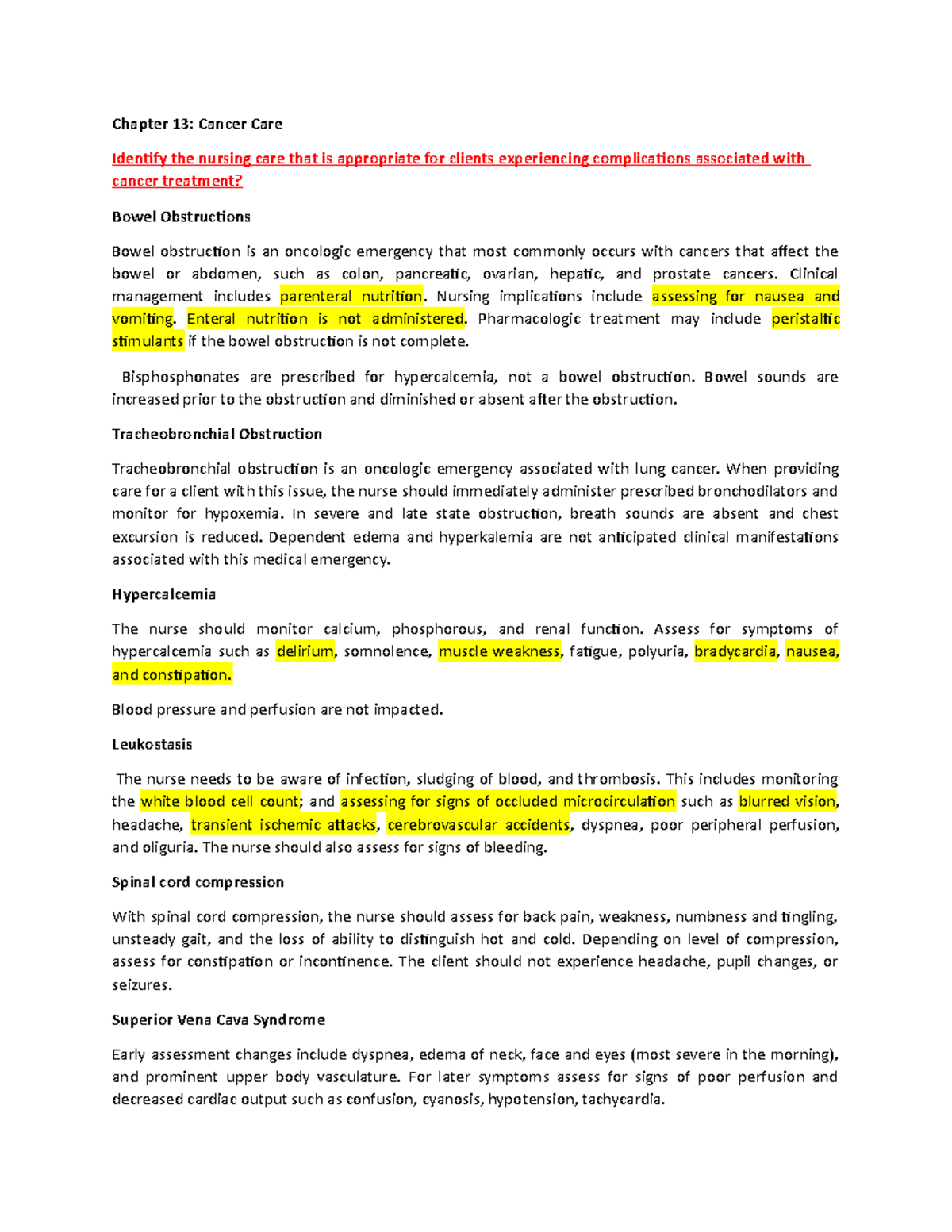 Chapter 13 Cancer Care - Class Notes - Chapter 13: Cancer Care Identify ...