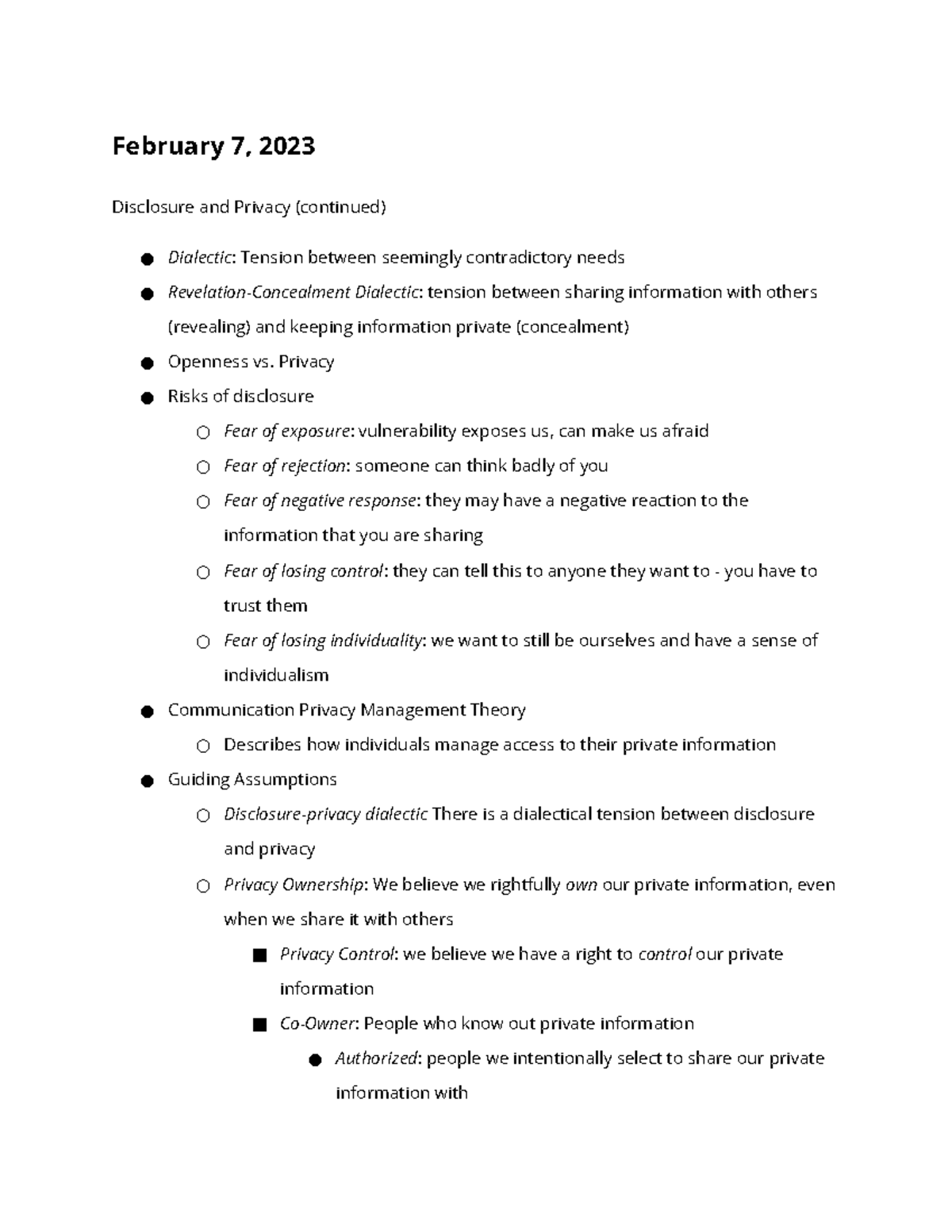 2/7 Lecture Notes - February 7, 2023 Disclosure and Privacy (continued ...