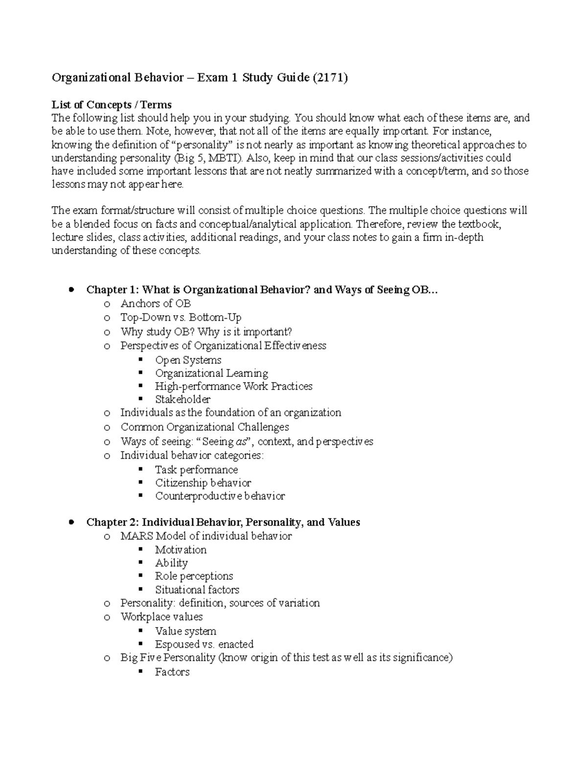 Exam 1 Study Guide 2171 - Organizational Behavior Exam 1 Study Guide ...