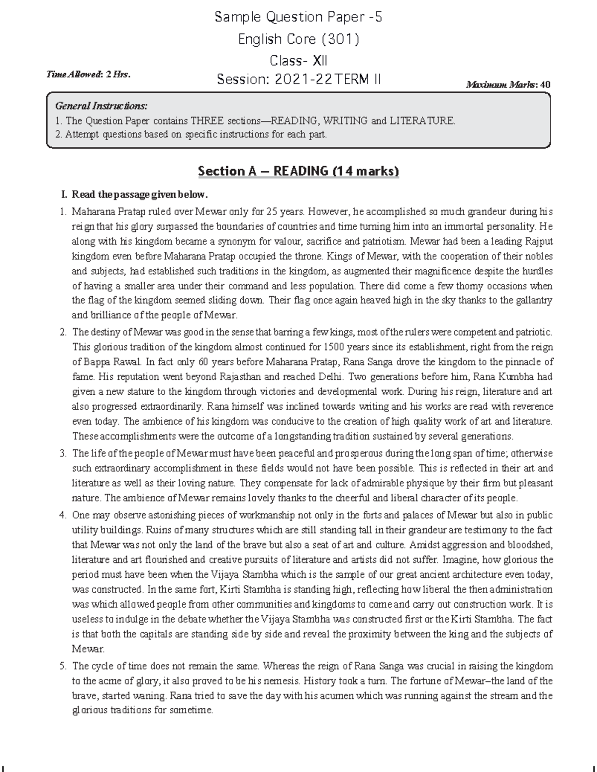 Class 12 english term 2 sample paper 5 Time Allowed 2 Hrs. Sample