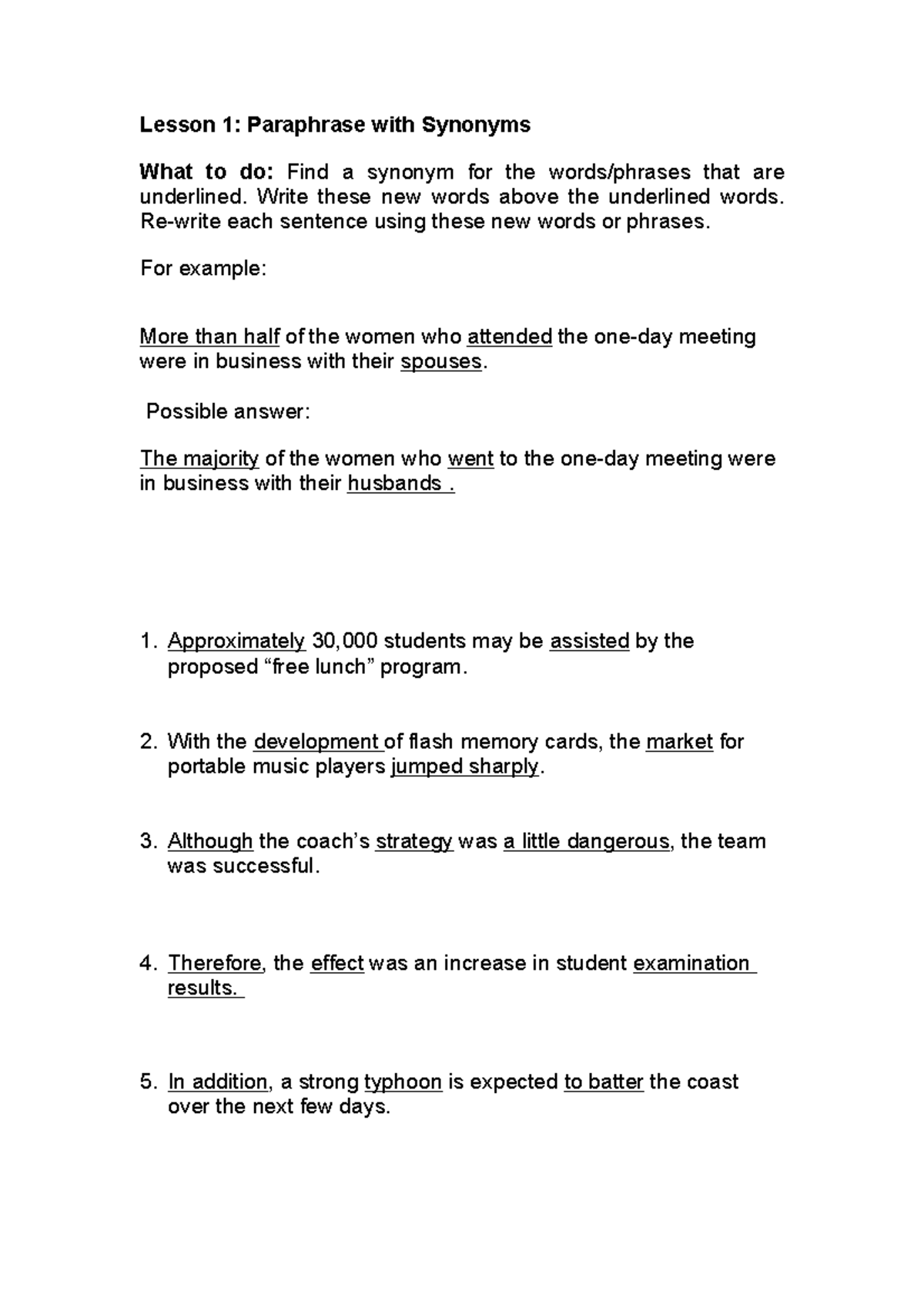 Paraphasing (Exercise 1) - Lesson 1: Paraphrase With Synonyms What To ...