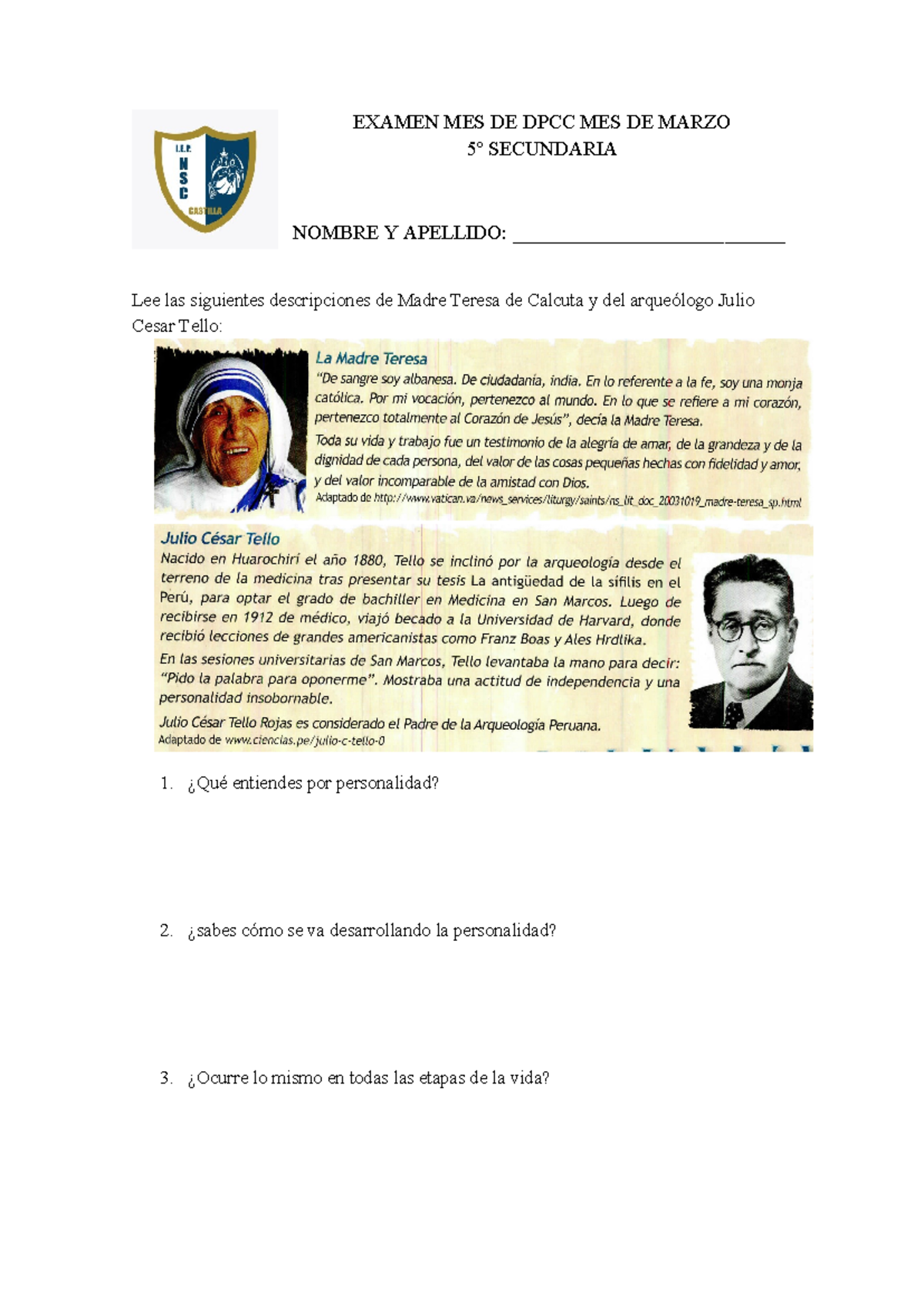 Examen MES DE DPCC MES DE Marzo 5º Secundaria - personal social ...