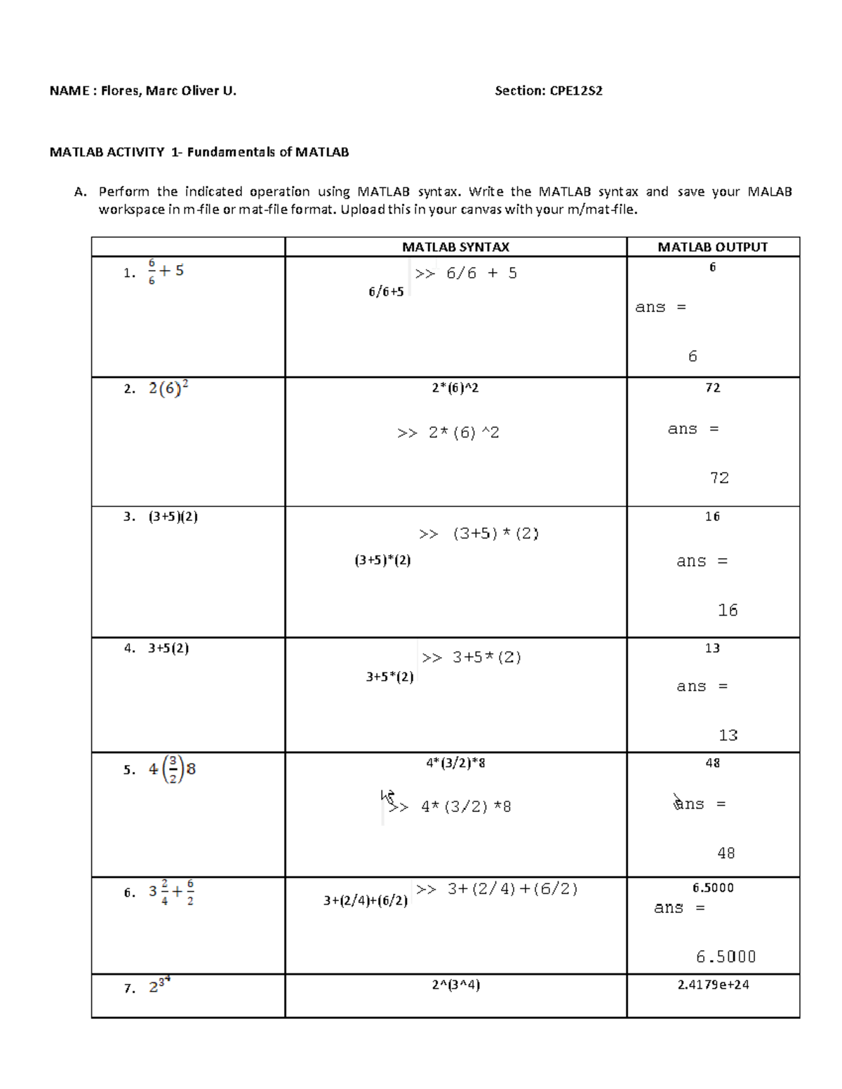 MATH013 Linear Algebra with Matlab 1 - NAME : Flores, Marc Oliver U ...