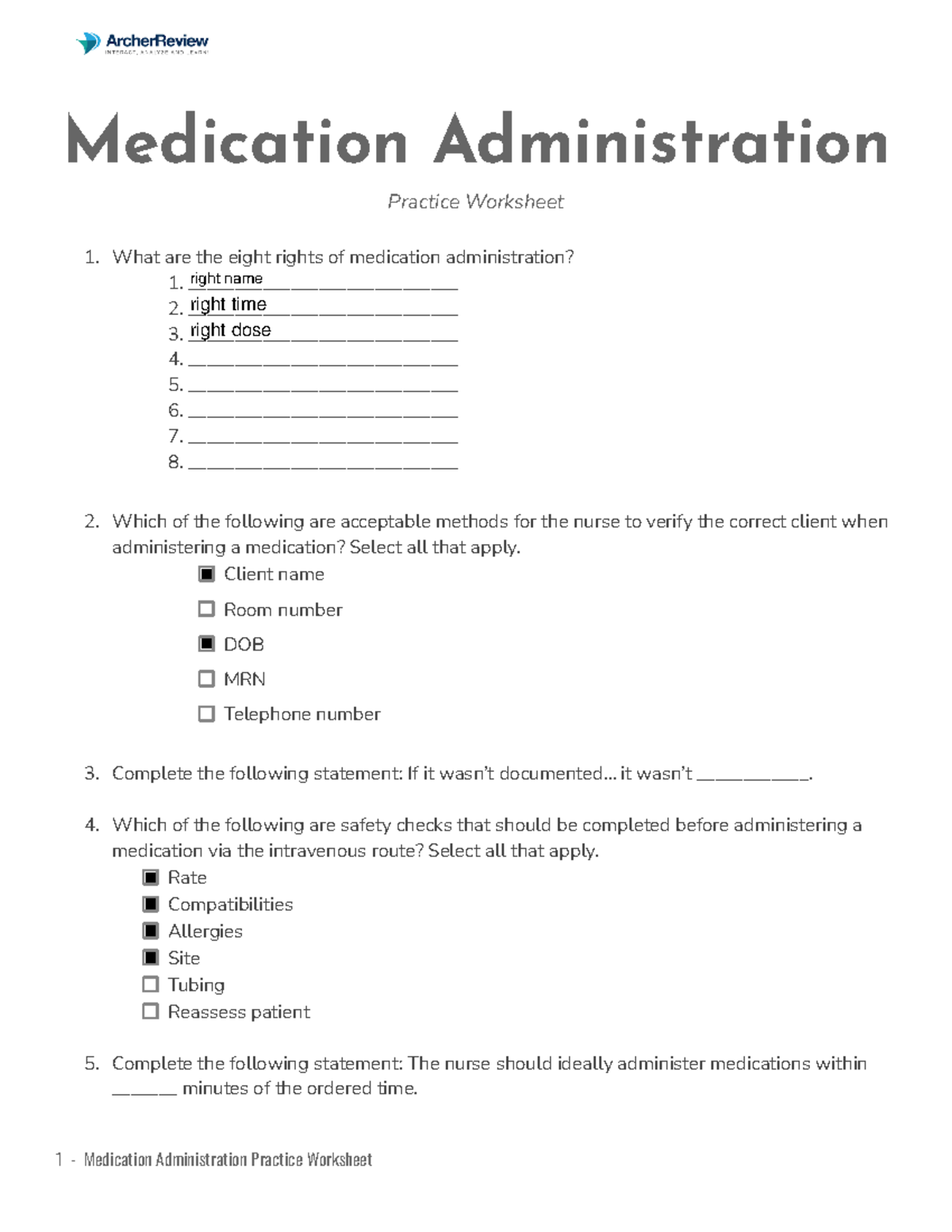 Injections Medications - Medication Administration Practice Worksheet ...