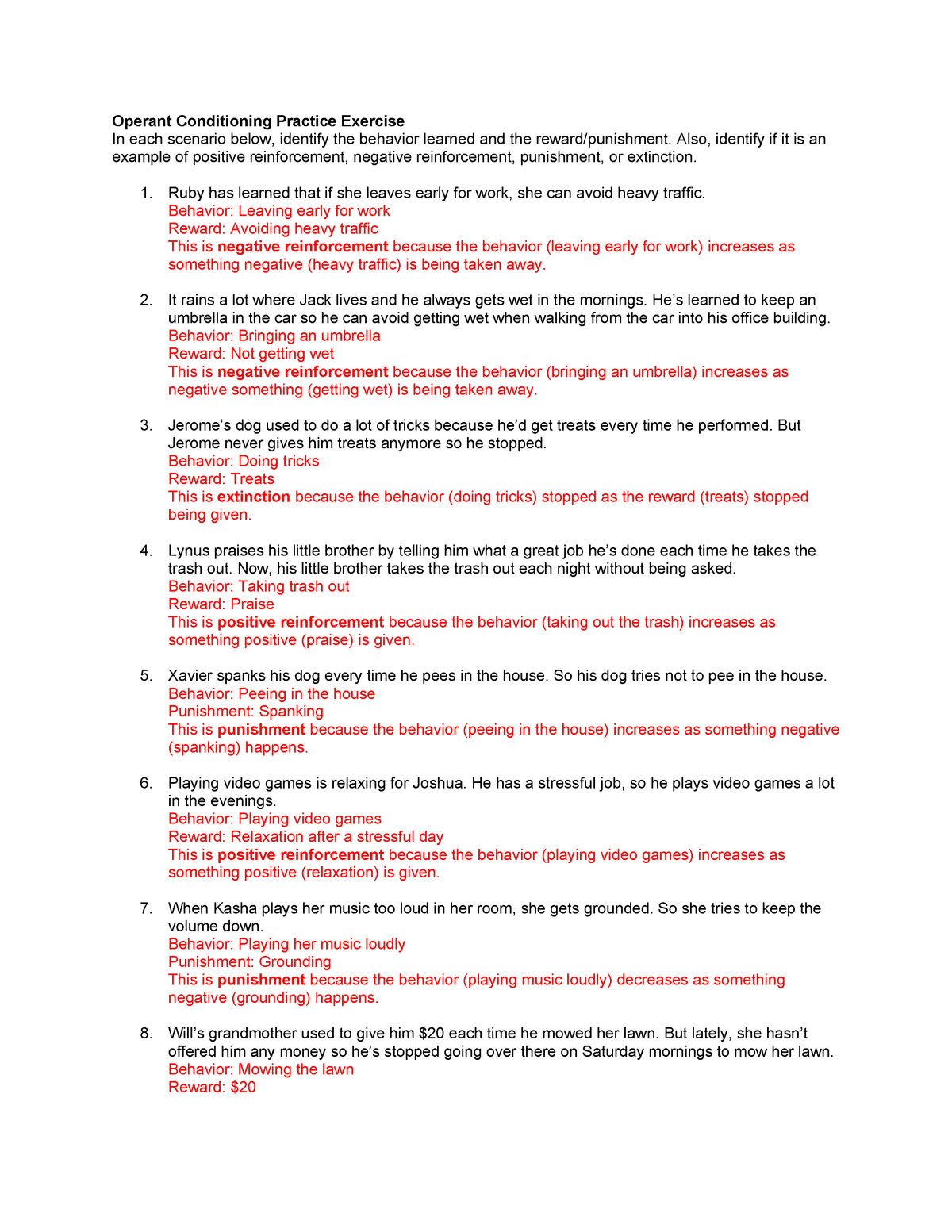 OC Practice KEY Operant Conditioning Practice Exercise In Each 