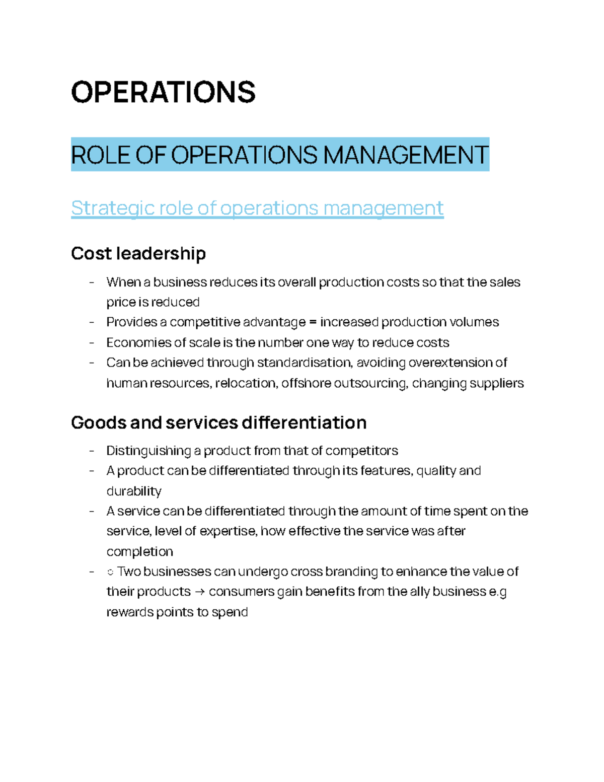 JESS FULL Business Notes - OPERATIONS ROLE OF OPERATIONS MANAGEMENT ...