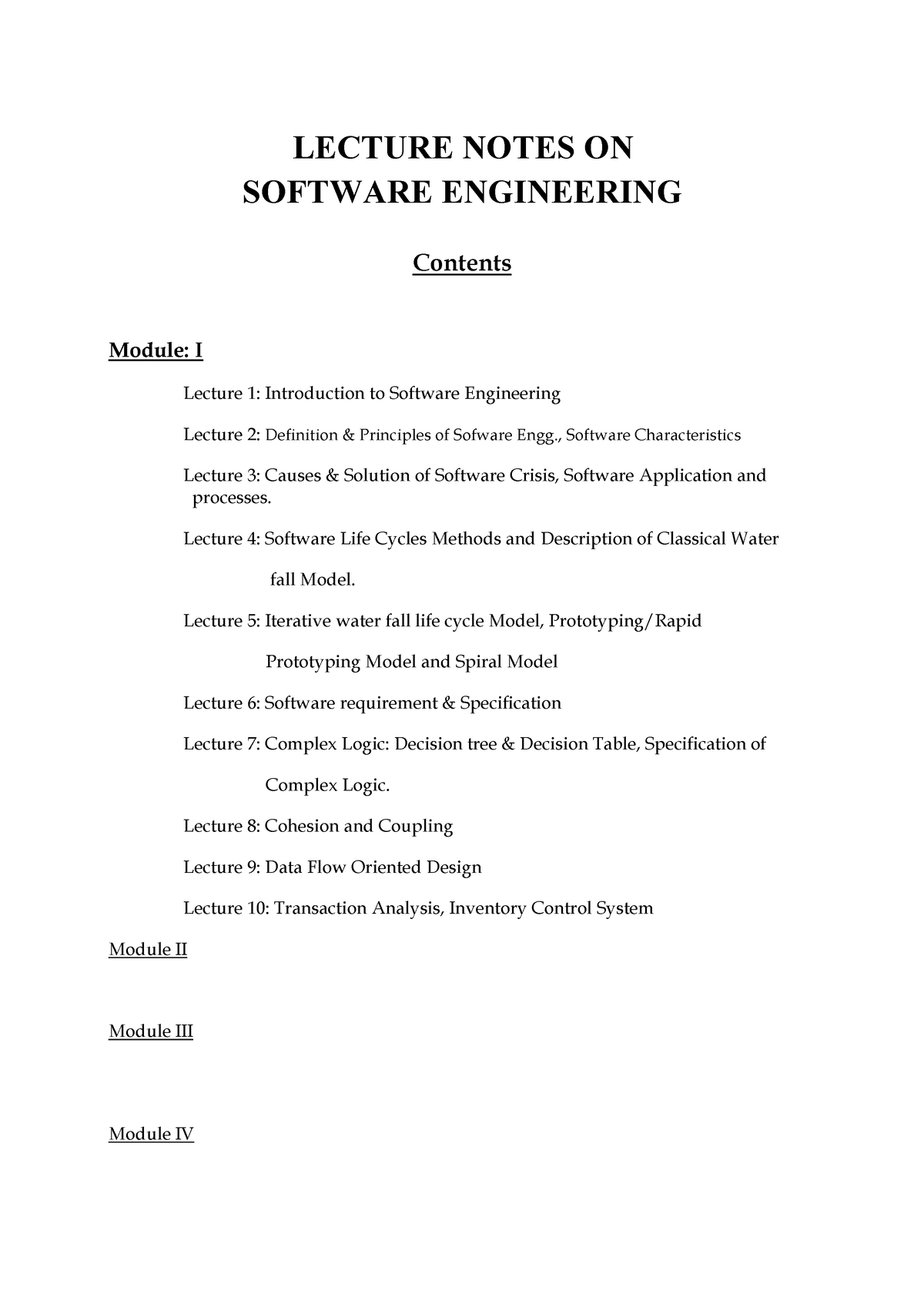 Notes Of Software Engineering - LECTURE NOTES ON SOFTWARE ENGINEERING ...