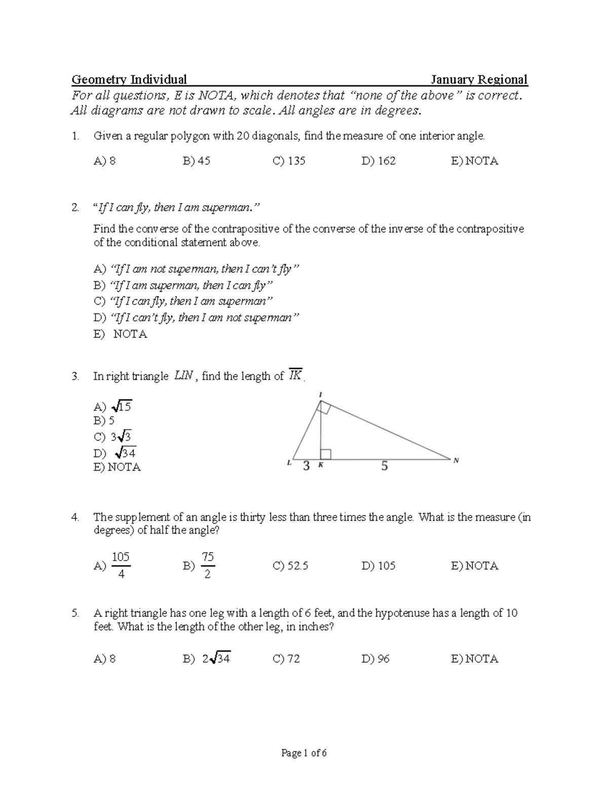 9604 T Jan Reg Geom Indiv Test - For all questions, E is NOTA, which ...