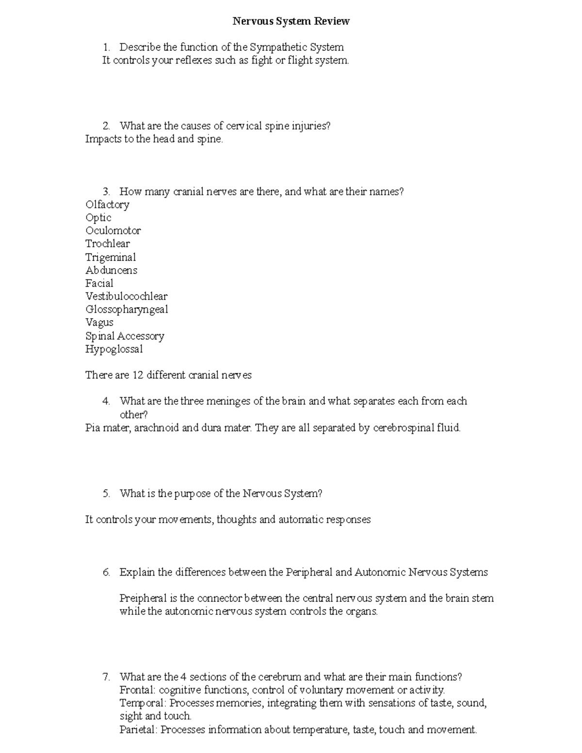 Short Answer Review I Dont Know Nervous System Review Describe The