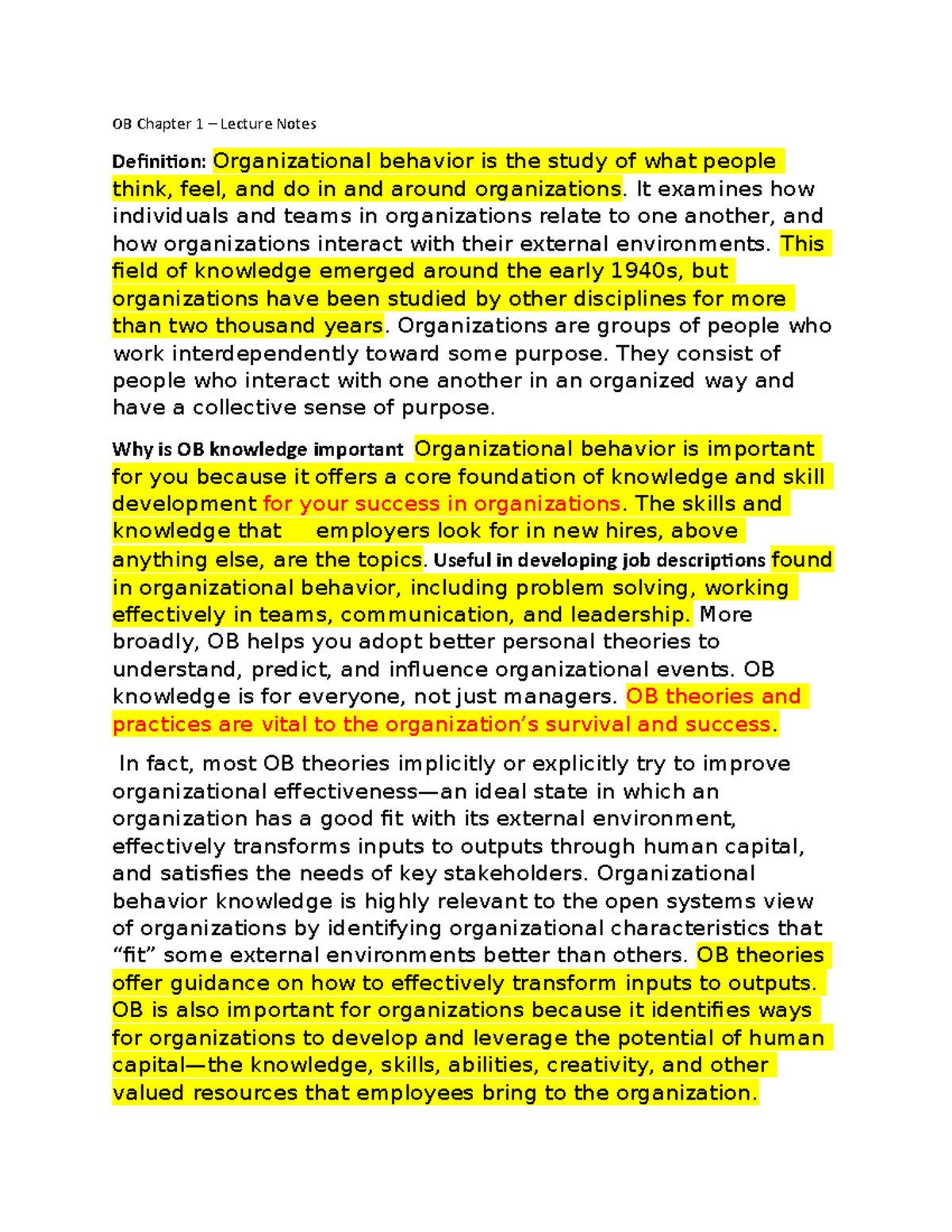 OBChapter 1 - It is the lecture notes - chapter 1 - OB Chapter 1 ...