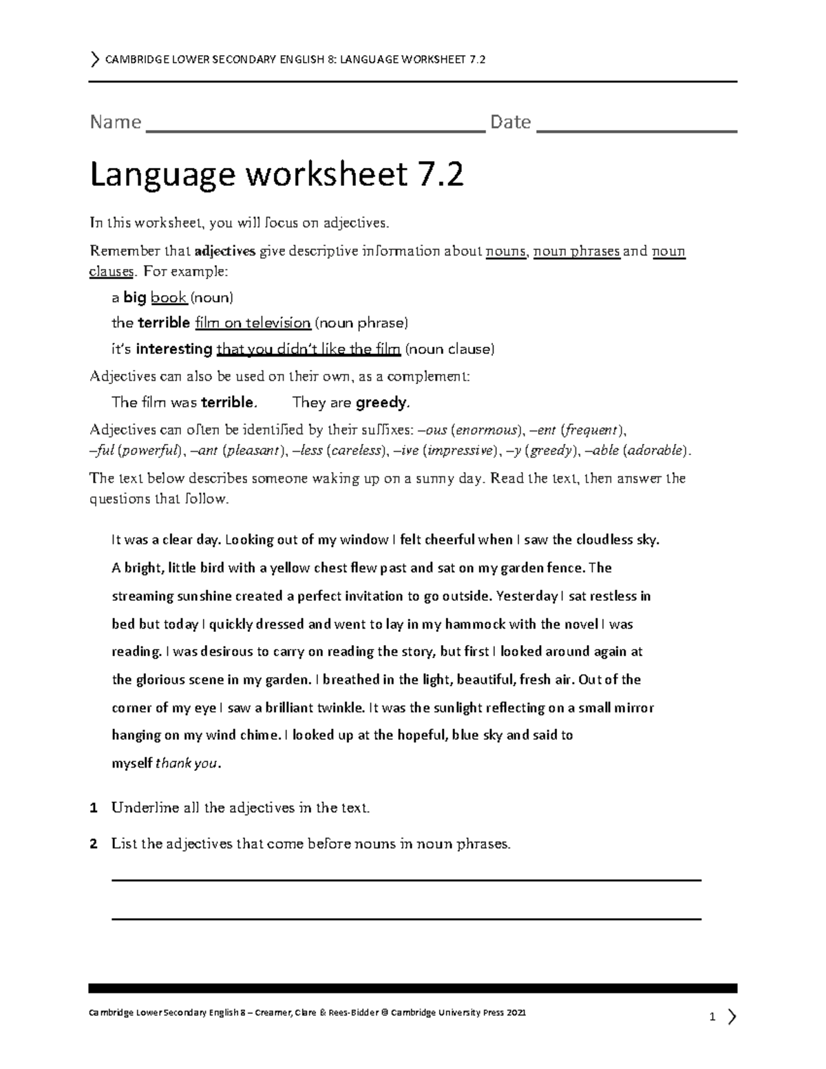 adjectives grade 8 CAMBRIDGE LOWER SECONDARY ENGLISH 8 LANGUAGE