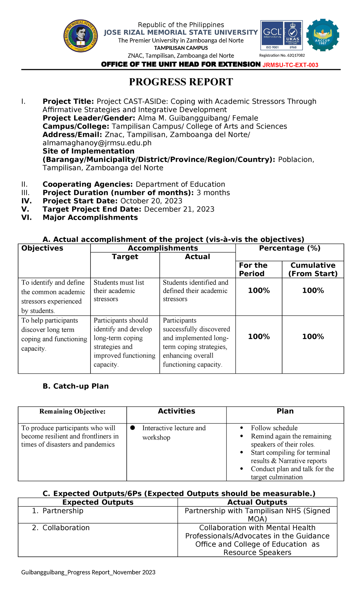 ALMA Extension- Office- Progress- Report-template - Registration No ...