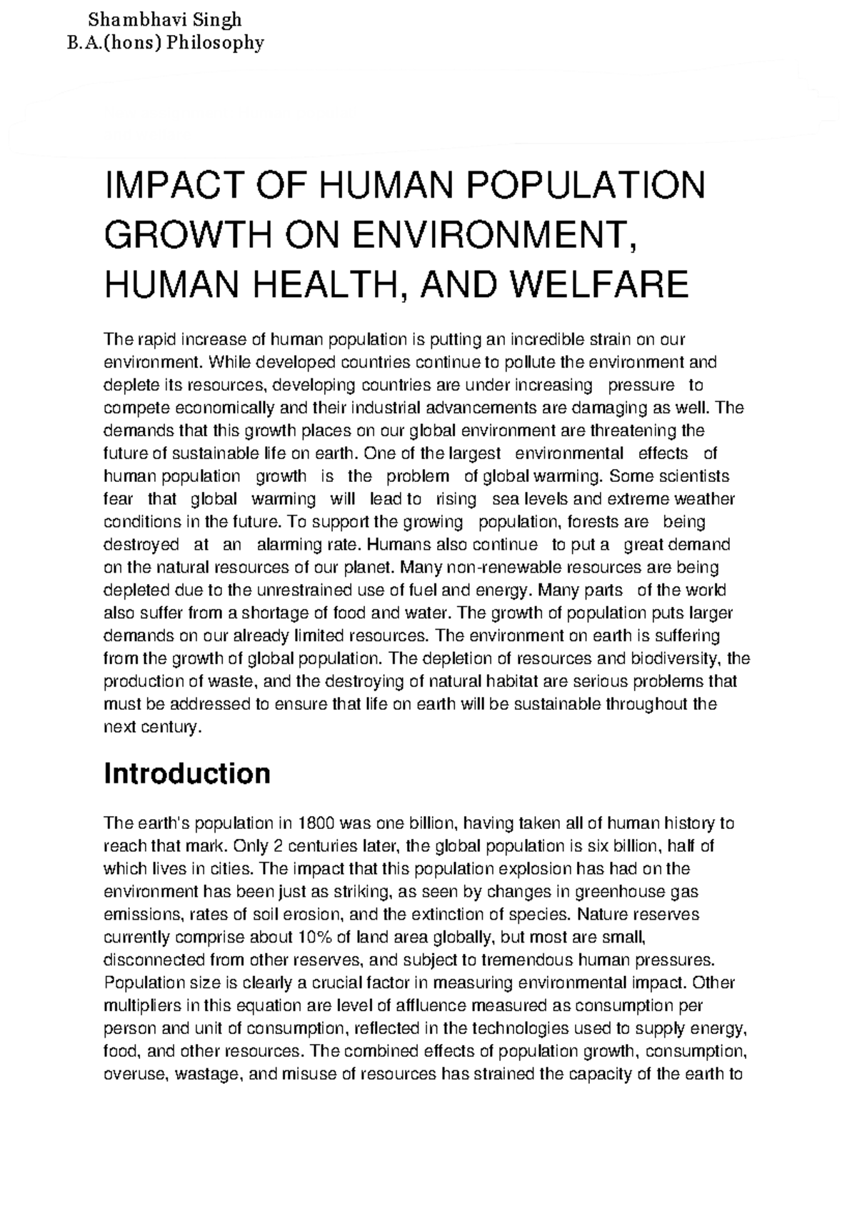 Evs internal - New assignment: Human population growth: Impacts on ...