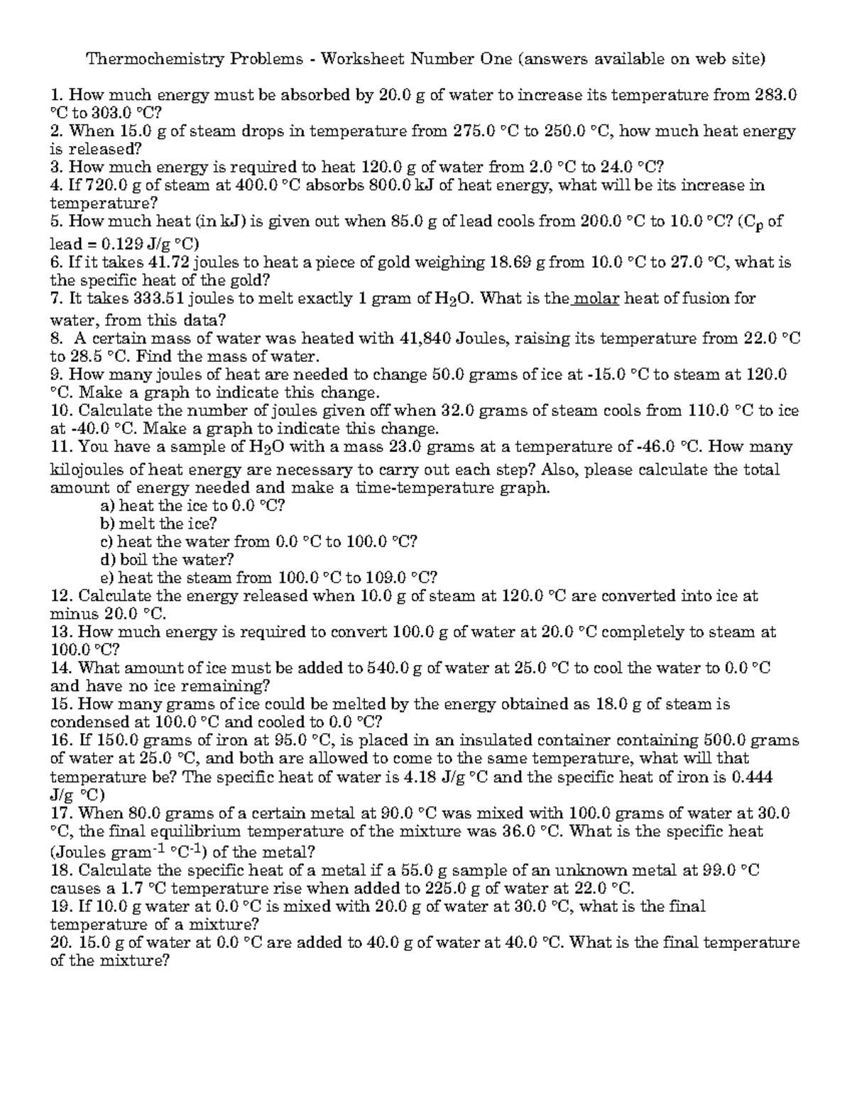 Thermochemistry Problems Worksheet Number 2 Answers