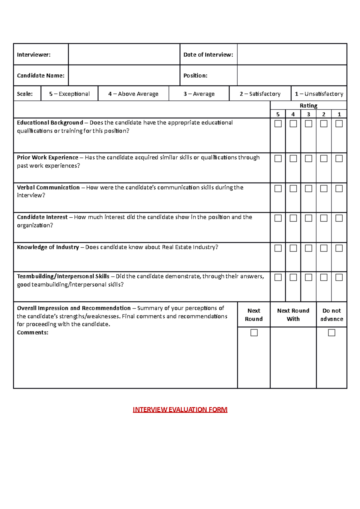 Interview Evalution Form - Interviewer: Click here to enter text. Date ...