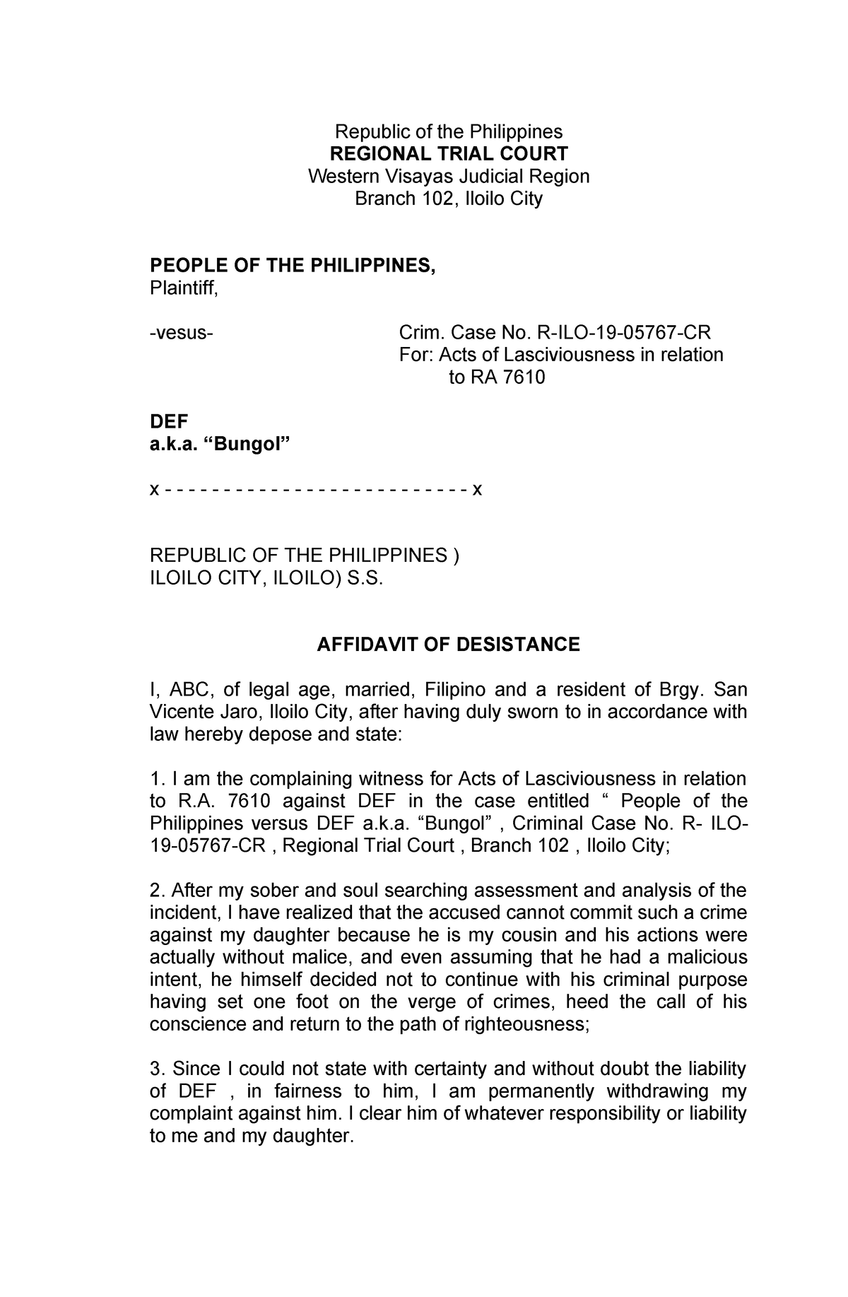 1 Affidavit OF Desistance ACTS OF Lasciviousness - Republic of the ...