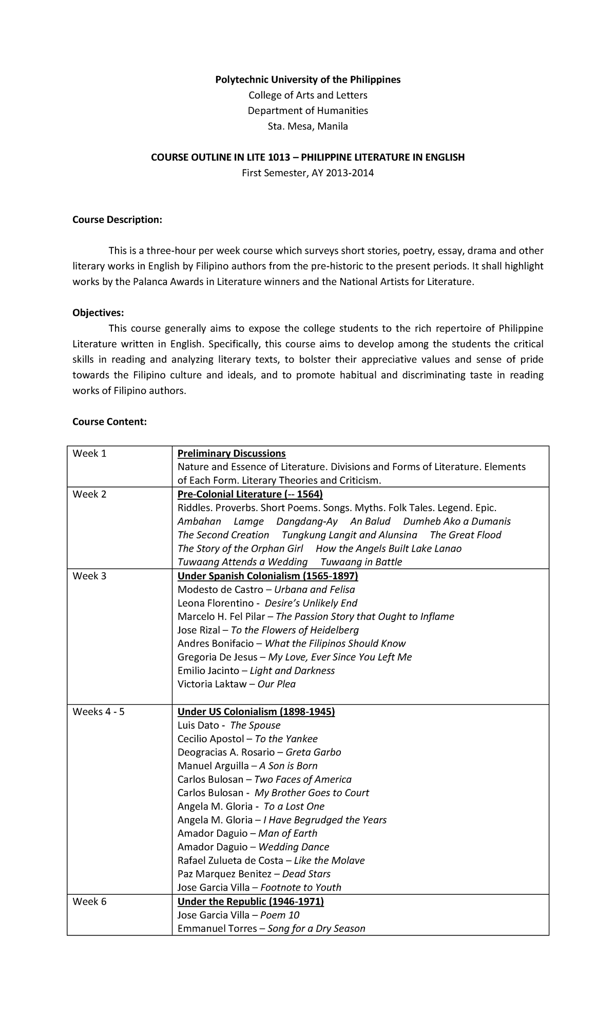 Syllabus in philippine literature 13 14 - Polytechnic University of the ...