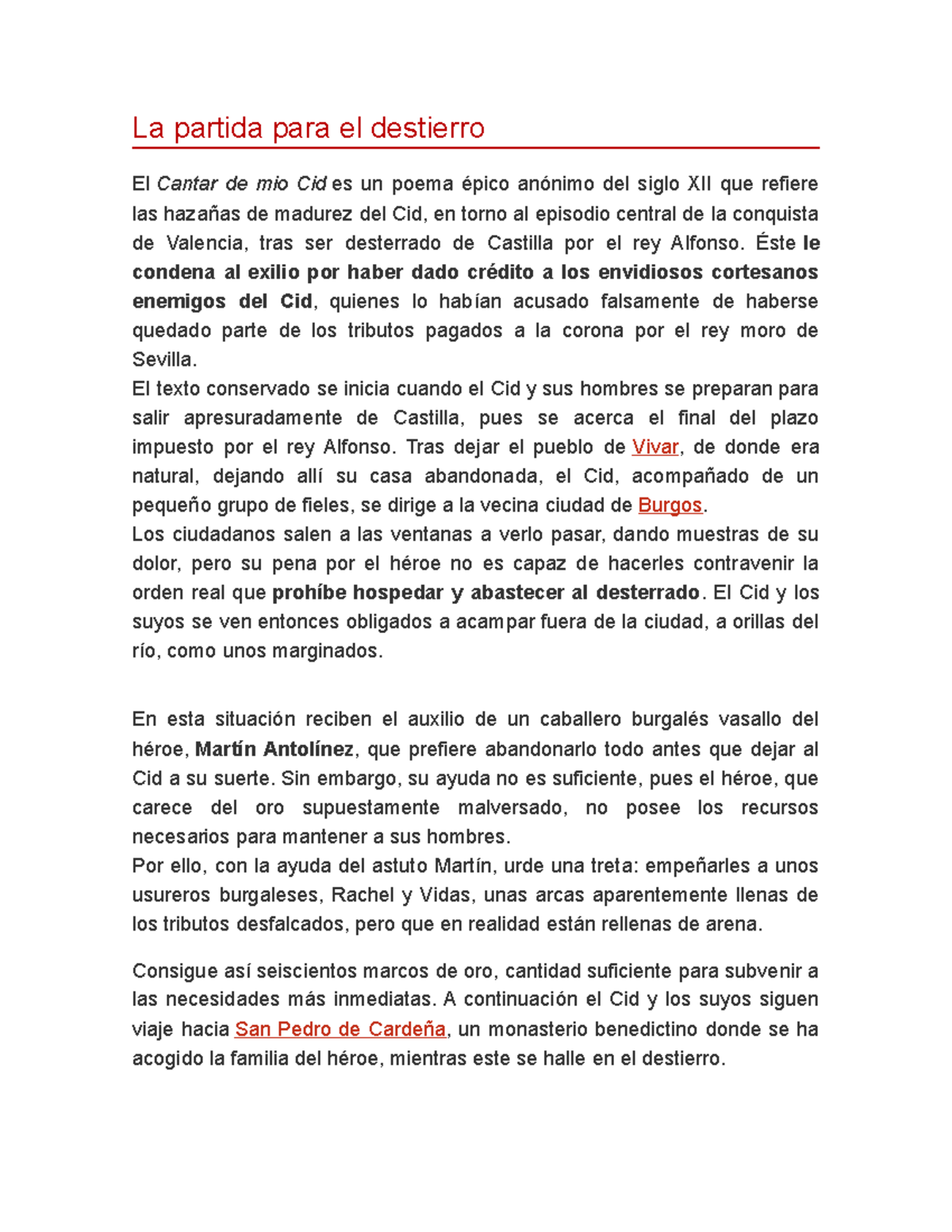 EL MIO CID LEER Y HACER RESUMEN DE LA OBRA La partida para el