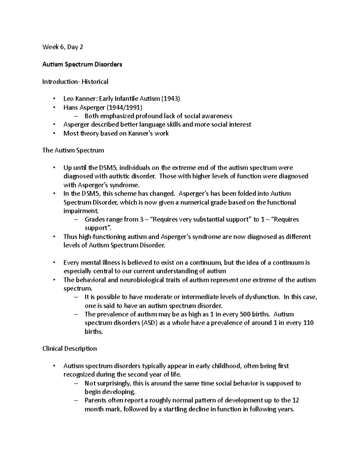Week 6, Day 2 - Lecture notes 6b - Week 6, Day 2 Autism Spectrum ...