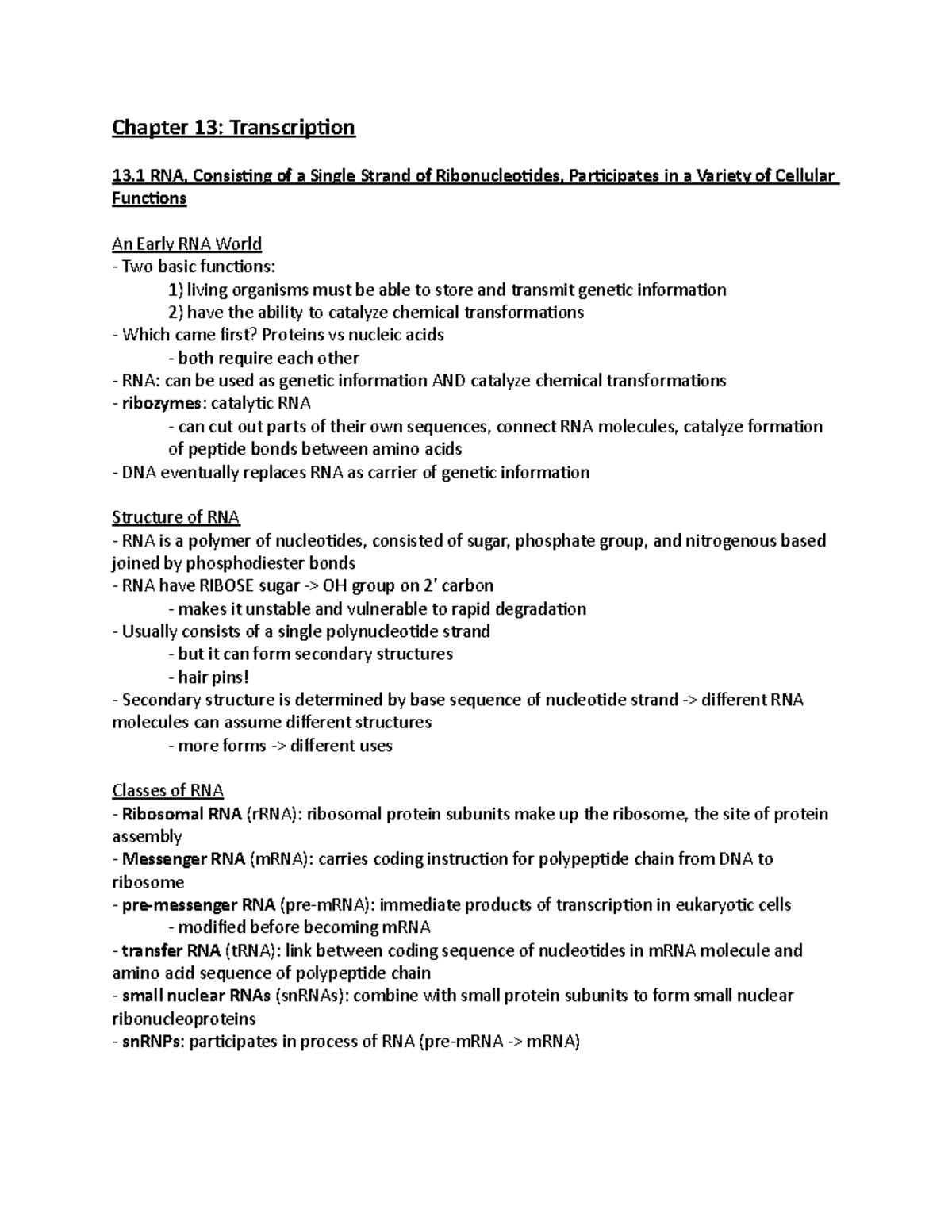 Chapter 13 Transcription - Chapter 13: RNA, Consisting of a Single ...