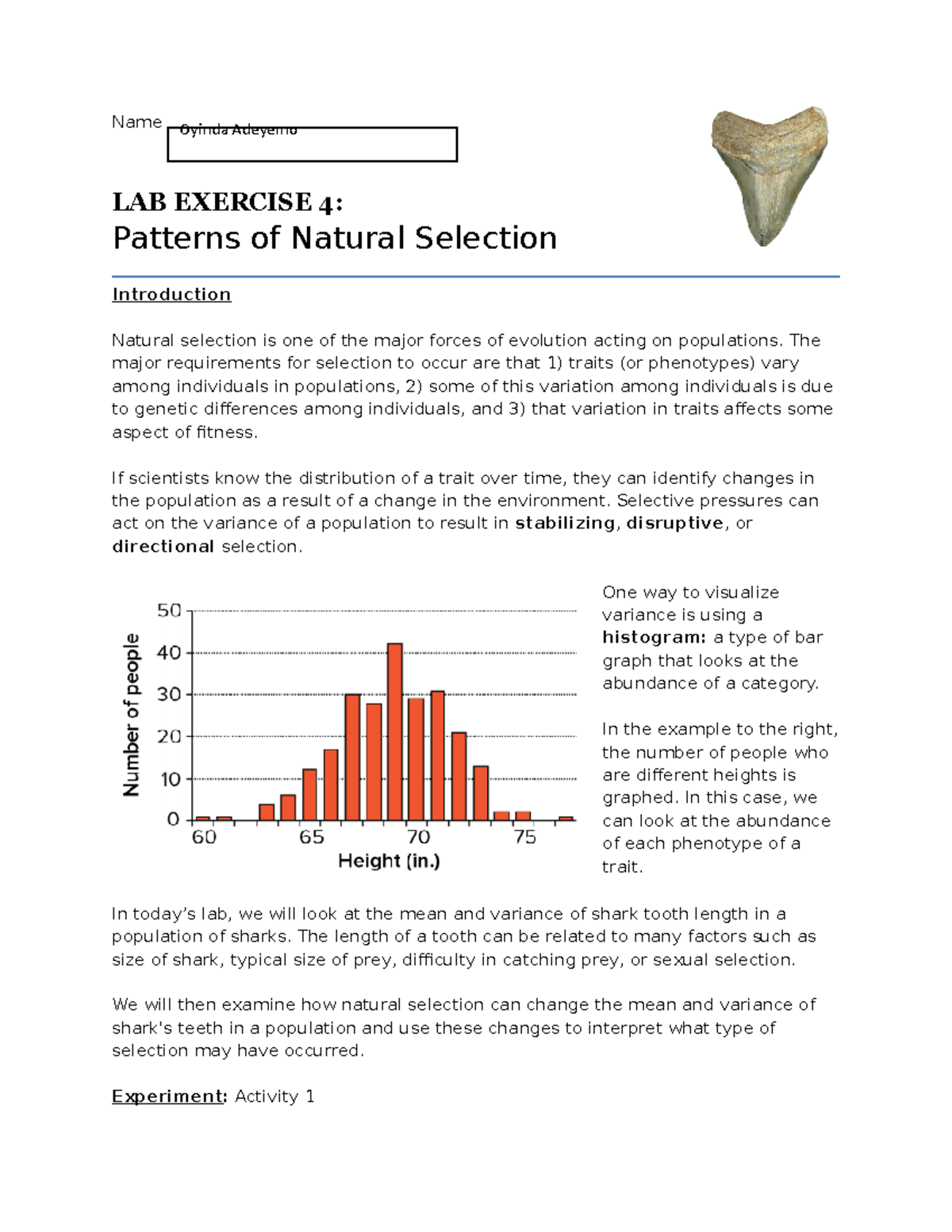 Lab 4 Patterns of Natural Selection Name LAB EXERCISE 4 Patterns