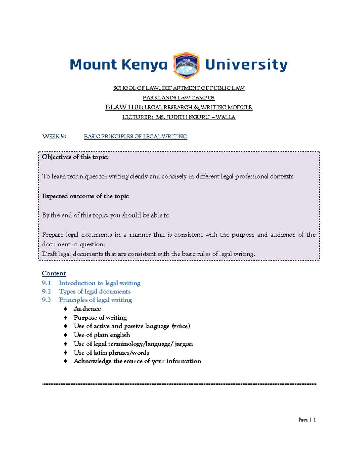 MKU Legal Research & Writing Basic Principles of Legal Writing