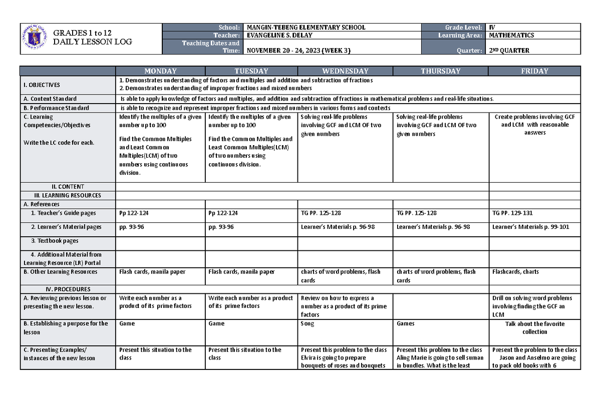 DLL Mathematics 4 Q2 W3 - SSSS - GRADES 1 to 12 DAILY LESSON LOG School ...