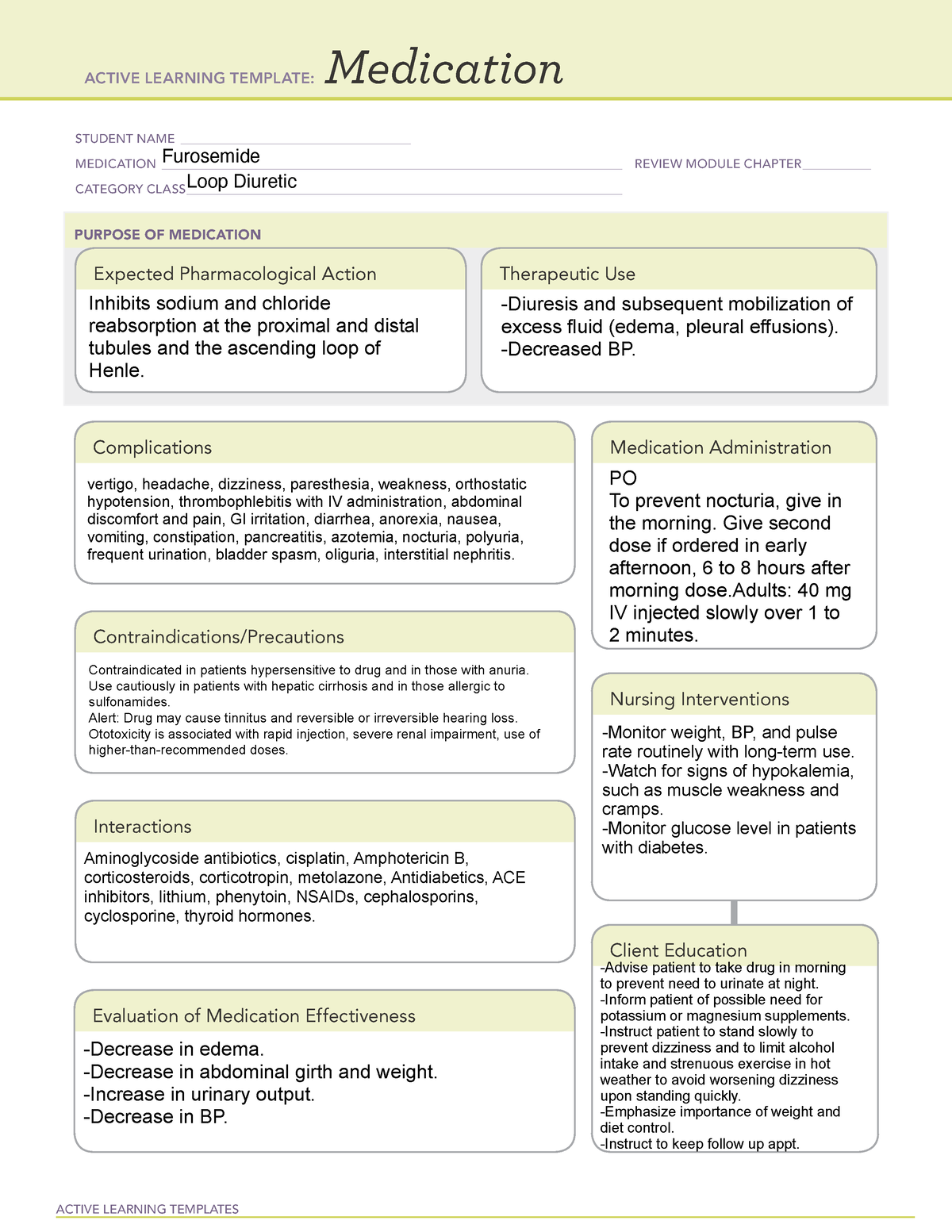 Furosemide - Meds - ACTIVE LEARNING TEMPLATES Medication STUDENT NAME ...