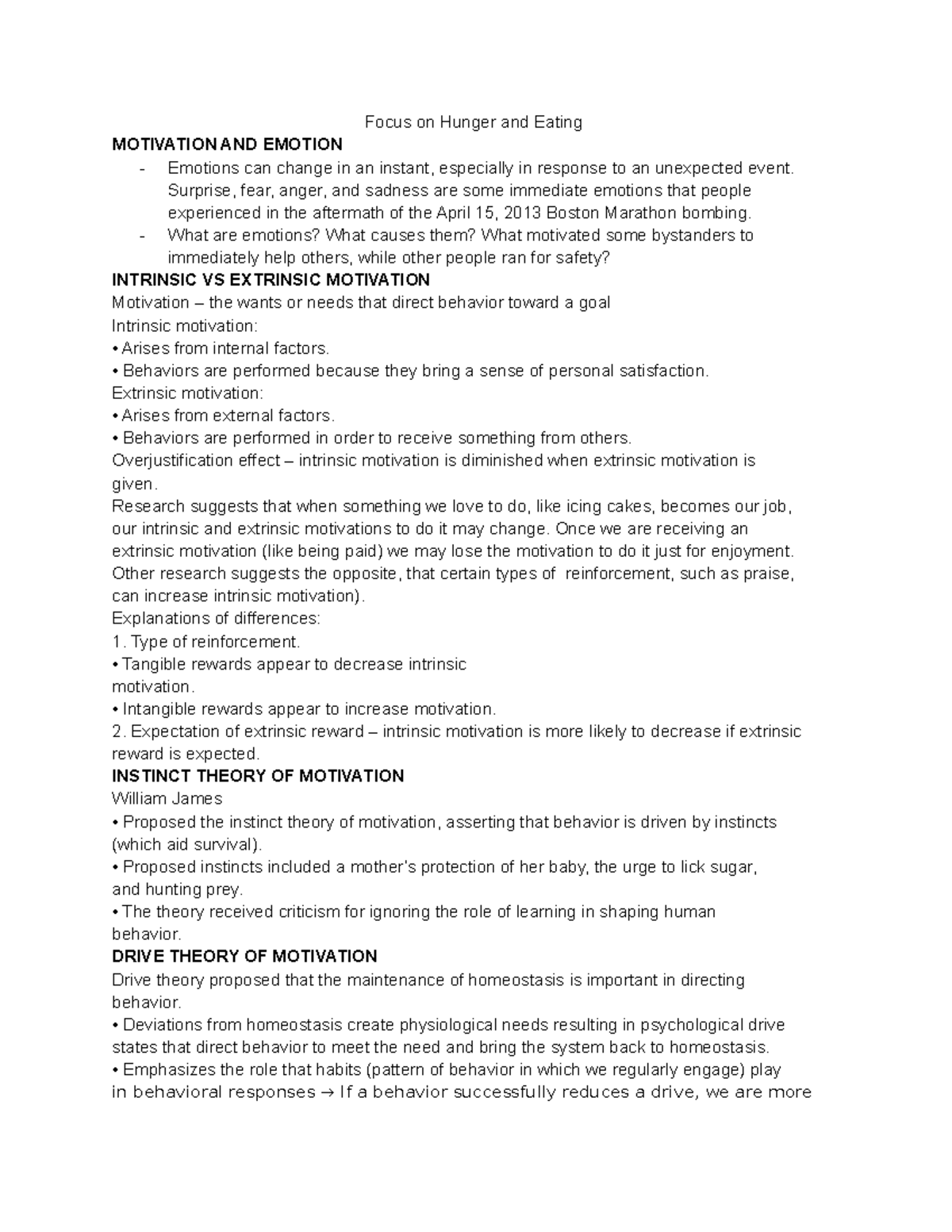 Chapter 10 Psych - Notes on hunger and eating, such as body ...