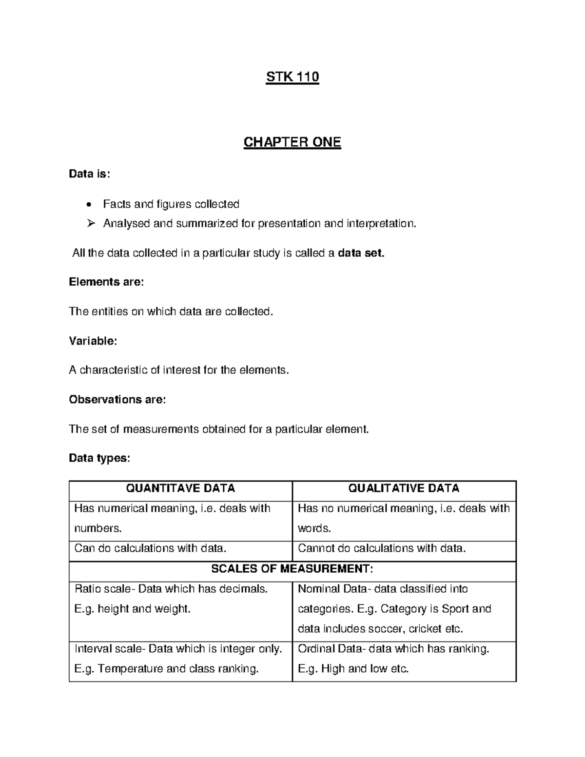 STK 110 Notes - STK 110 CHAPTER ONE Data Is: Facts And Figures ...