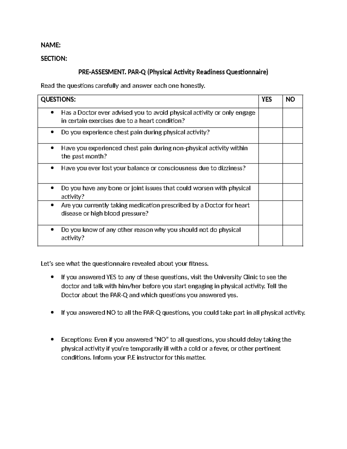 PARQ TEST Module 1 - None - NAME: SECTION: PRE-ASSESMENT. PAR-Q ...