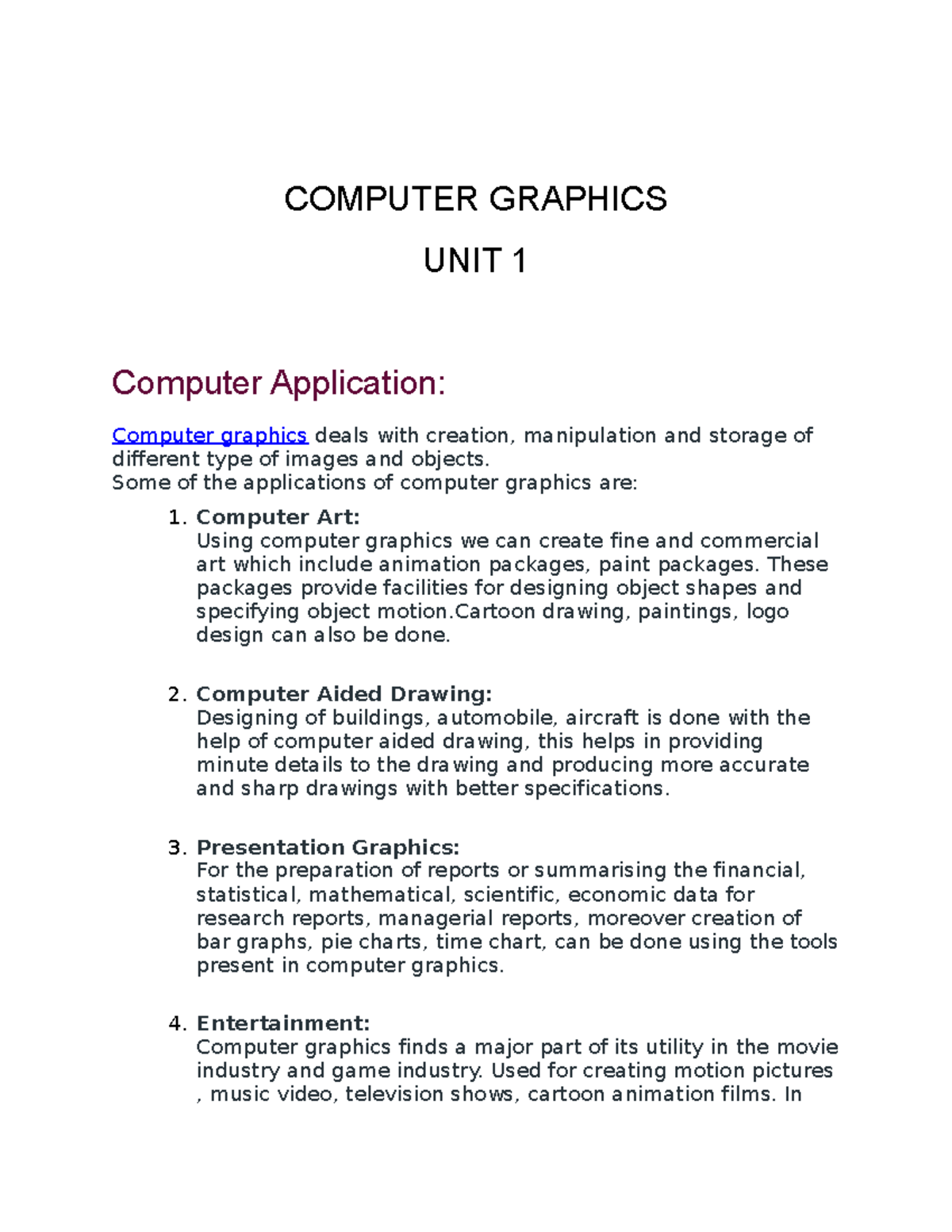 Computer graphics - COMPUTER GRAPHICS UNIT 1 Computer Application ...