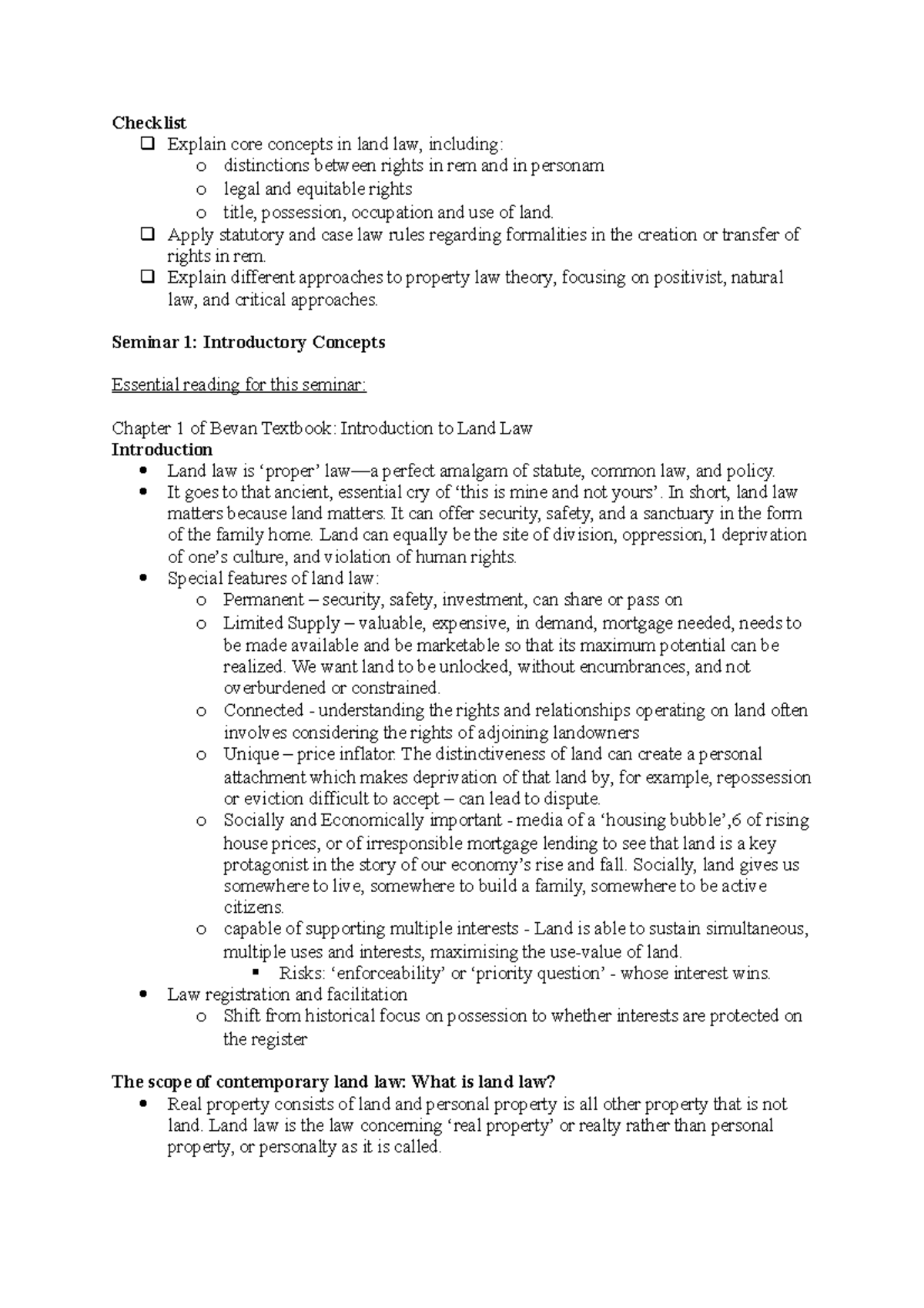 Basics of Land Law - Textbook Notes - Checklist Explain core concepts ...