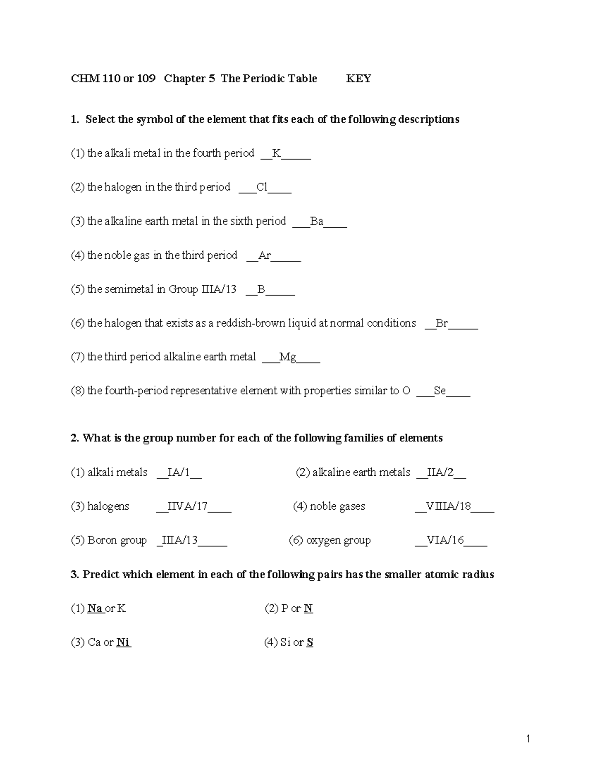 05 Worksheet Chapter 05 periodic table KEY - CHM 110 or 109 Chapter 5 ...