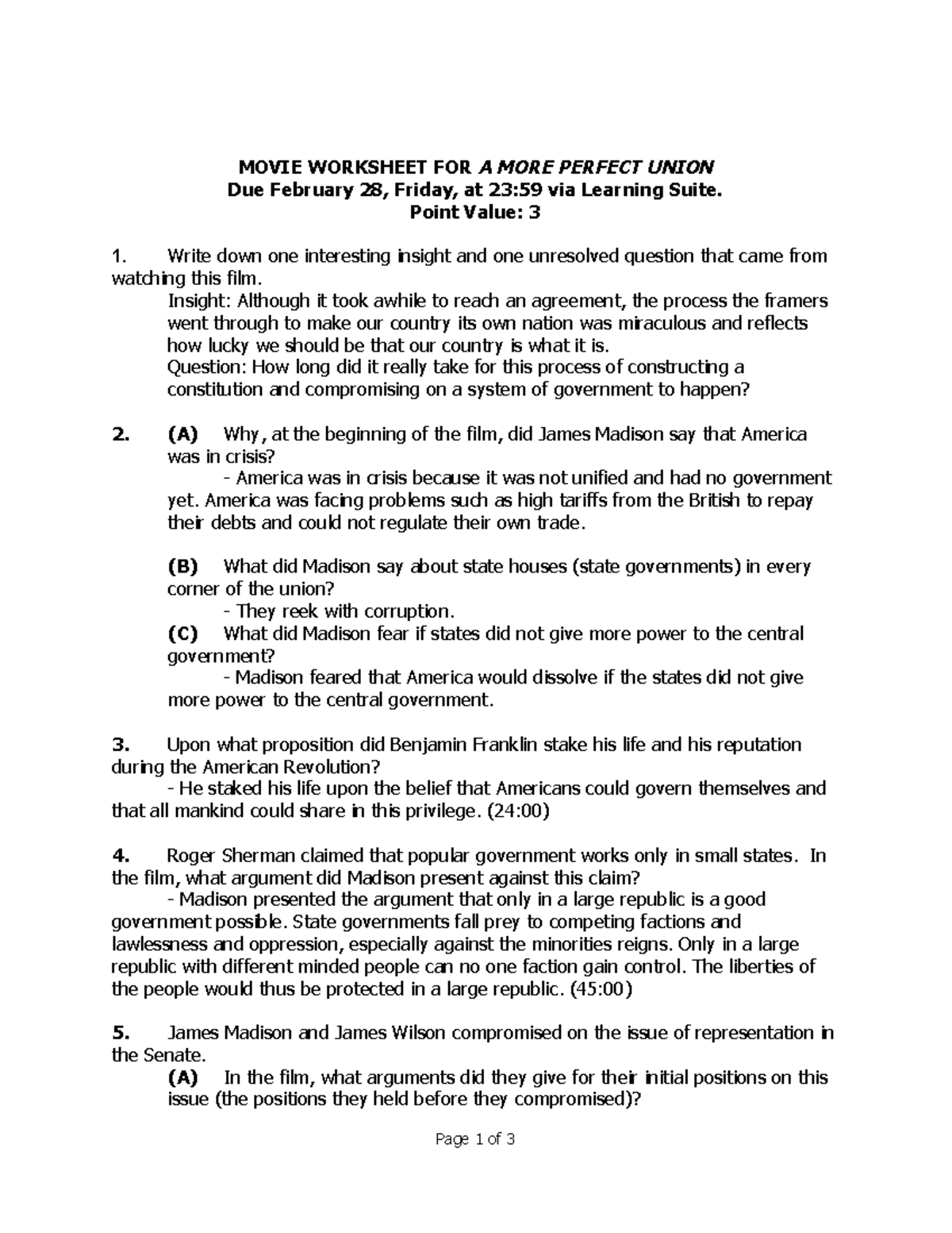 A More Perfect Union Worksheet - MOVIE WORKSHEET FOR ​A MORE PERFECT UNION  Due February 28, Friday, - Studocu