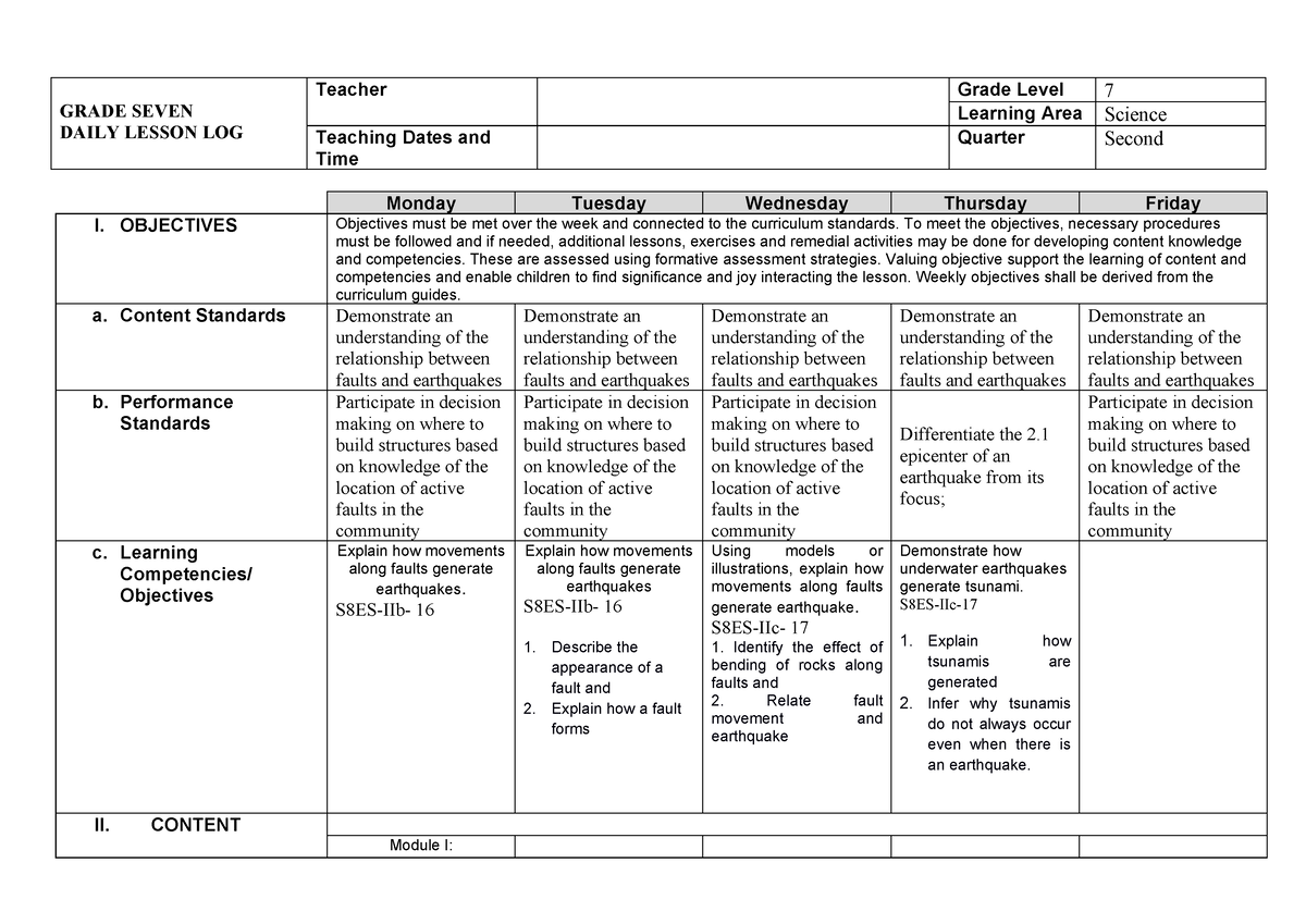 Science-8-2nd-quarter wk1 - GRADE SEVEN DAILY LESSON LOG Teacher Grade ...