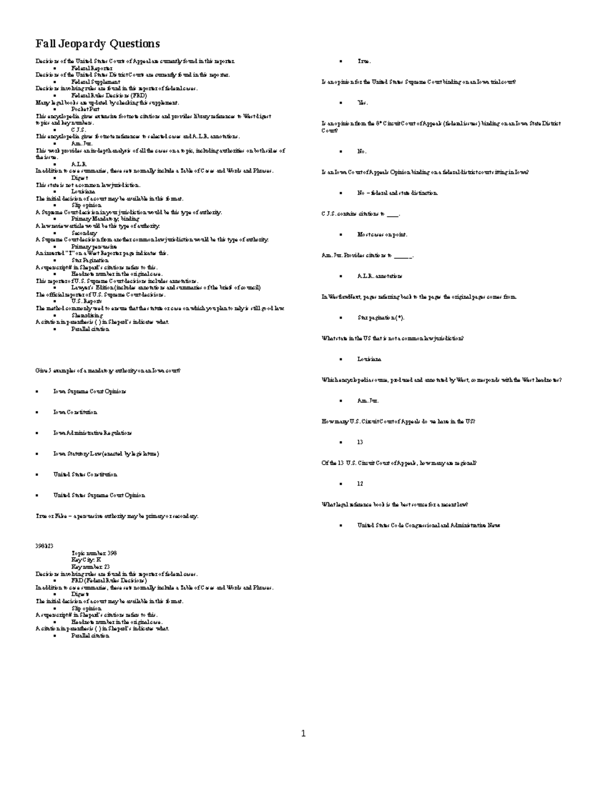 Fall Jeopardy Questions on Legal References and Authorities - Studocu