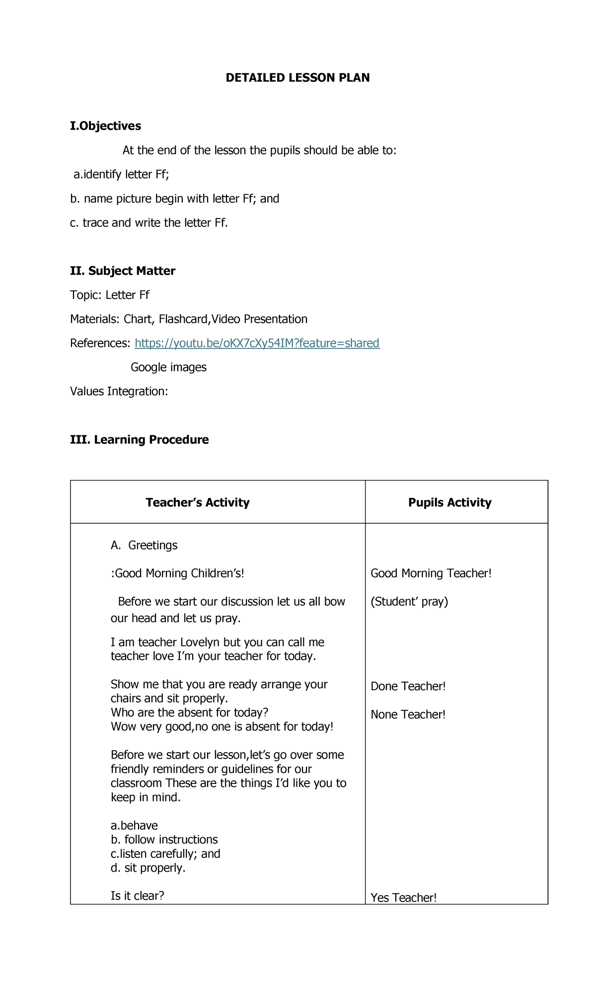 DLP- Letter-Ff - ddsds - DETAILED LESSON PLAN I At the end of the ...