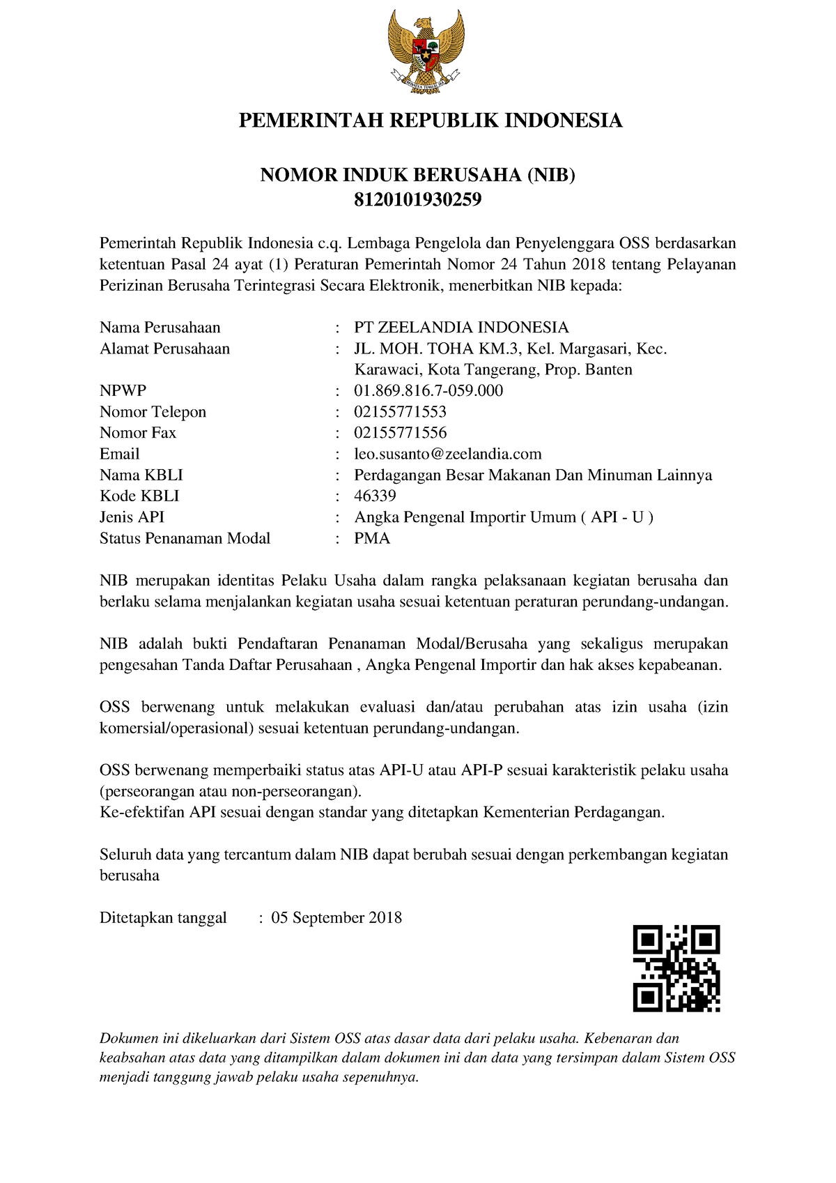 Nib-zi 812010 1930259-pdf - PEMERINTAH REPUBLIK INDONESIA NOMOR INDUK ...