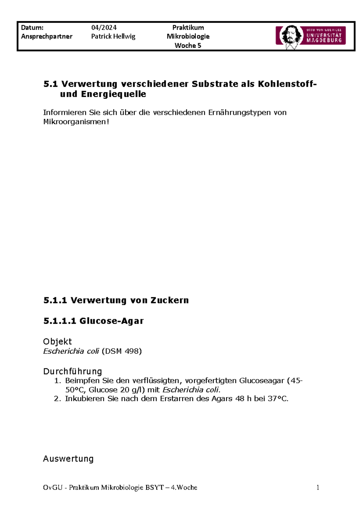 Praktikum Mikrobiologie 5 Ansprechpartner Patrick Hellwig Mikrobiologie Woche 5 5 1