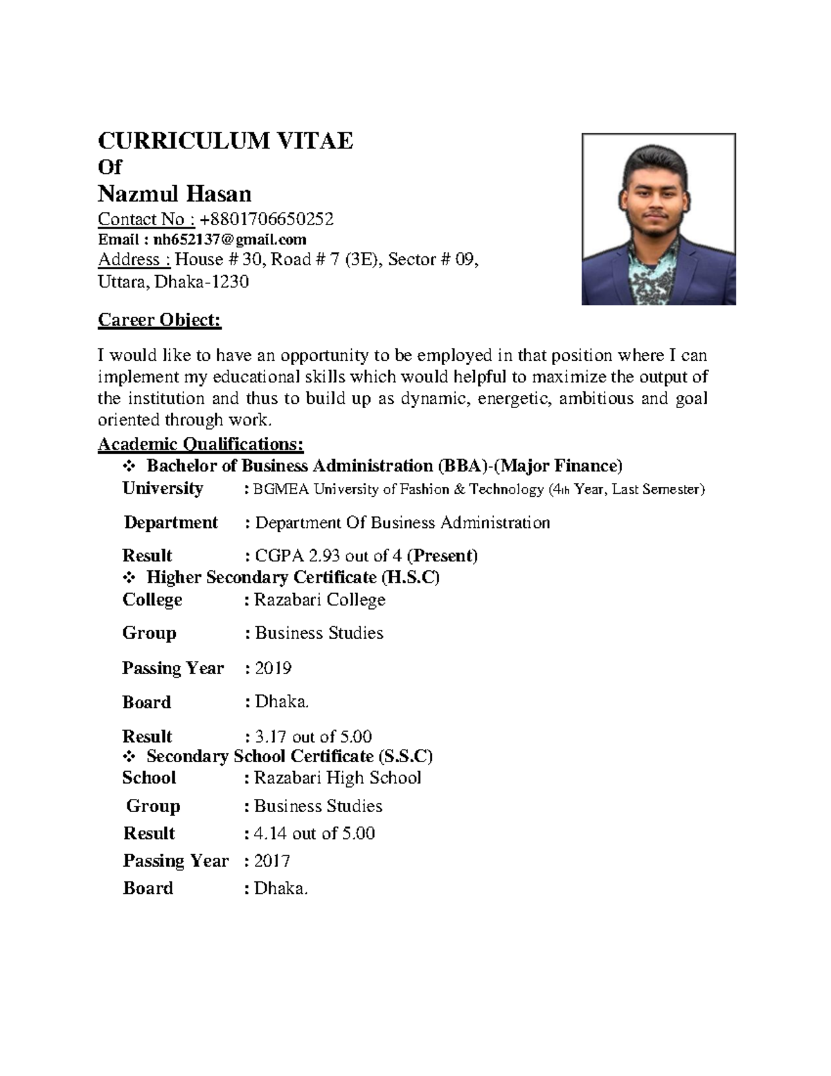 CV Of Nazmul Hasan - CURRICULUM VITAE Of Nazmul Hasan Contact No ...