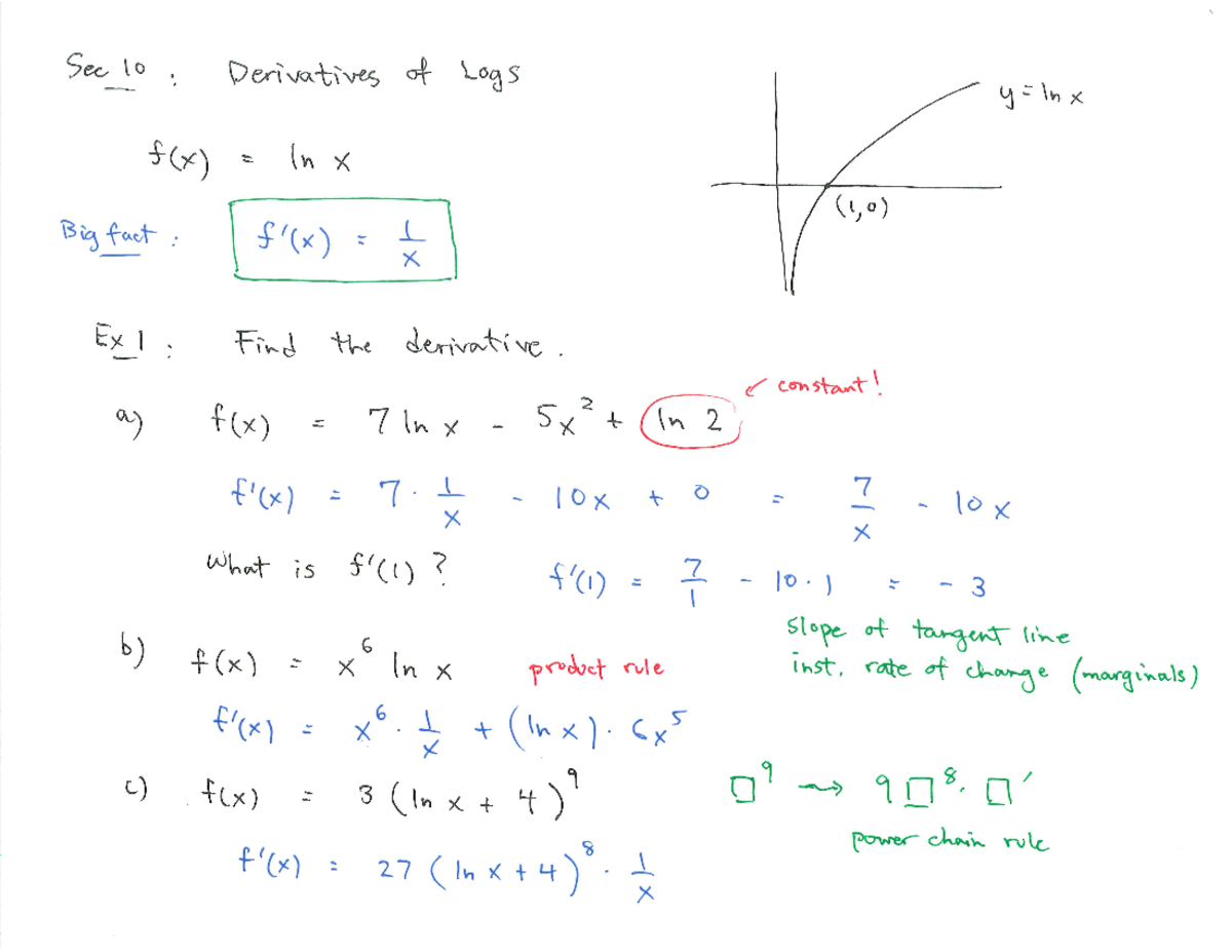 Section 10 Notes Derivatives Of Logs - MAT 143 - Studocu