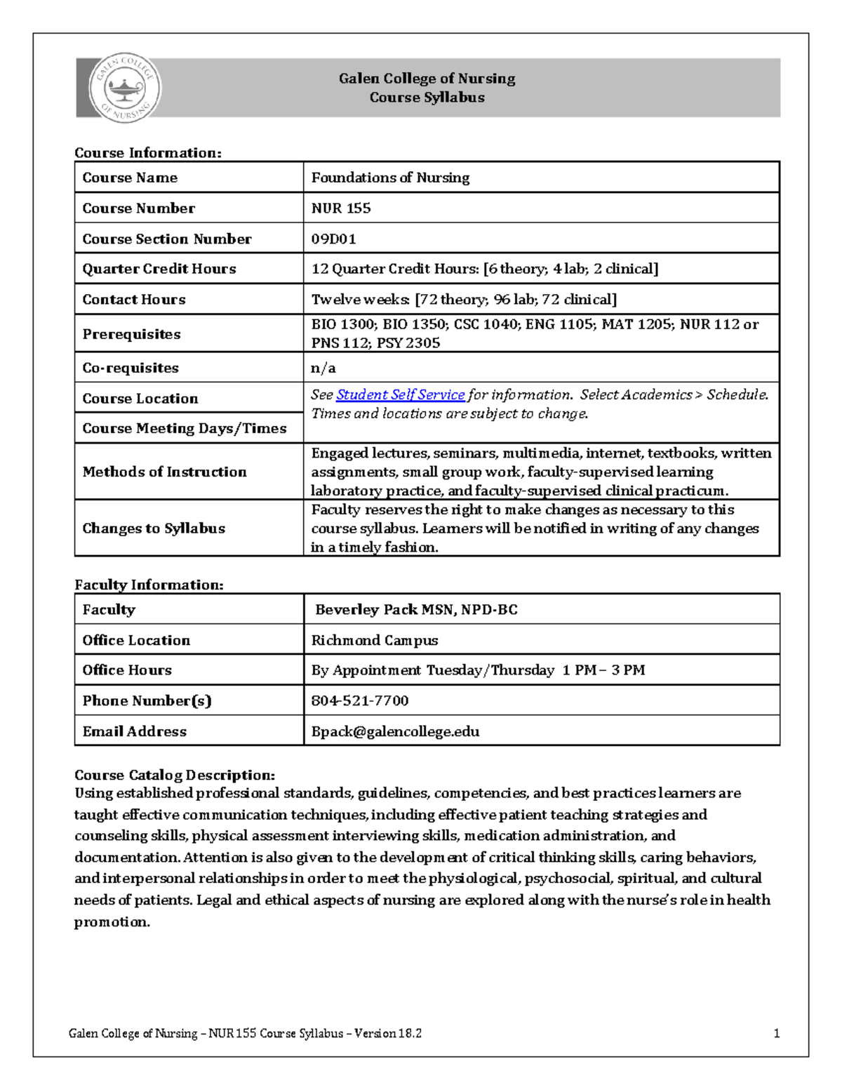 NUR 155 Syllabus Version 18 Pack B 0901 Summer 2023 - Galen College of ...