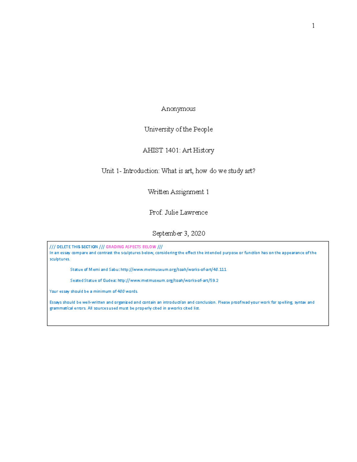 AHIST 1401 - Written 1 - Anonymous University of the People AHIST 1401 ...